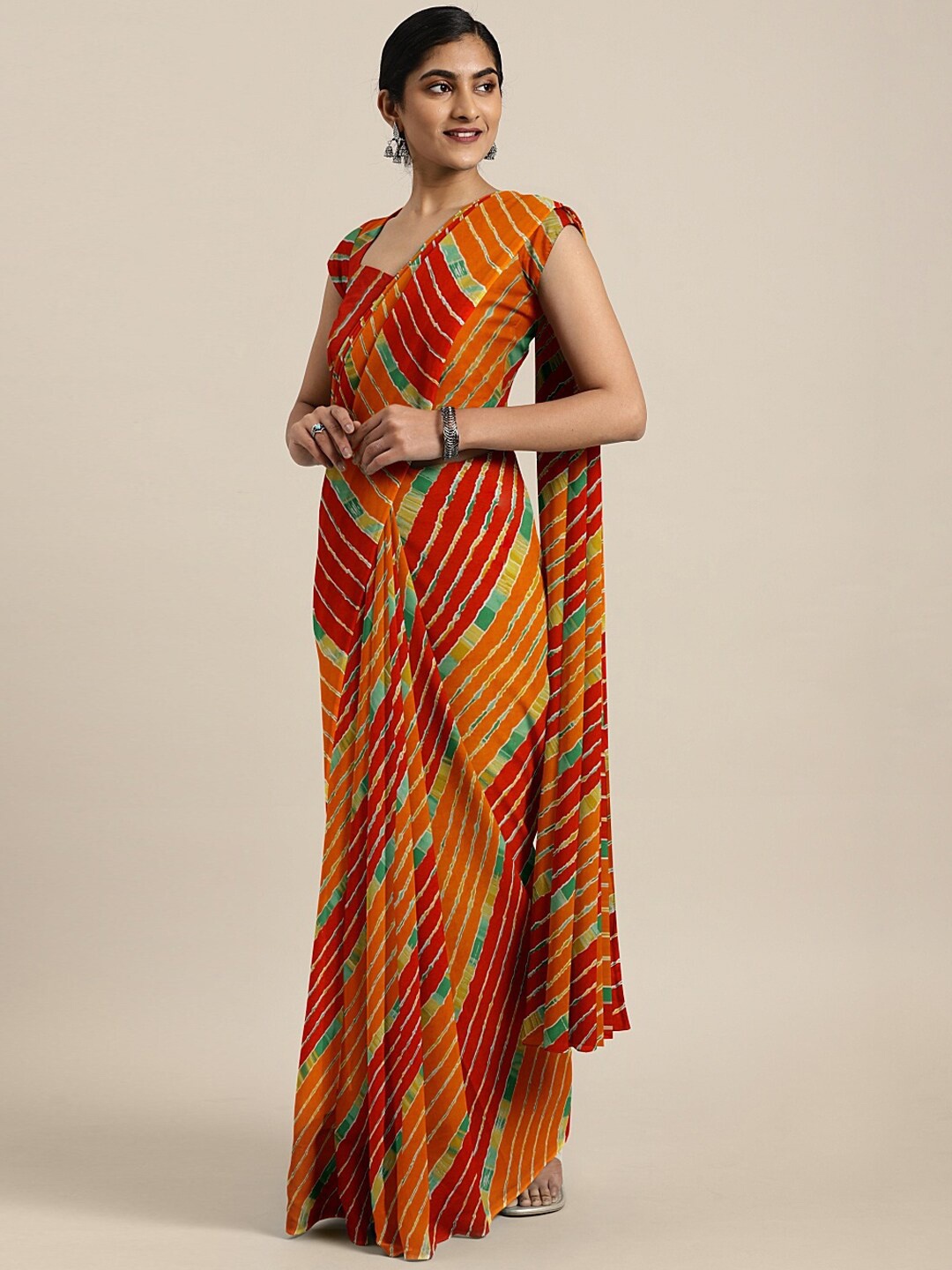 

SHAVYA Red & Orange Pure Georgette Bandhani Saree