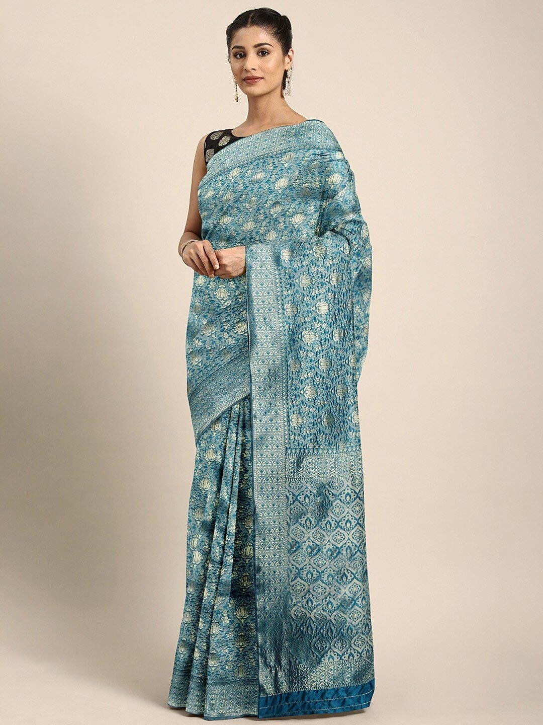 

SHAVYA Sea Green & Silver Woven Design Zari Silk Blend Banarasi Saree