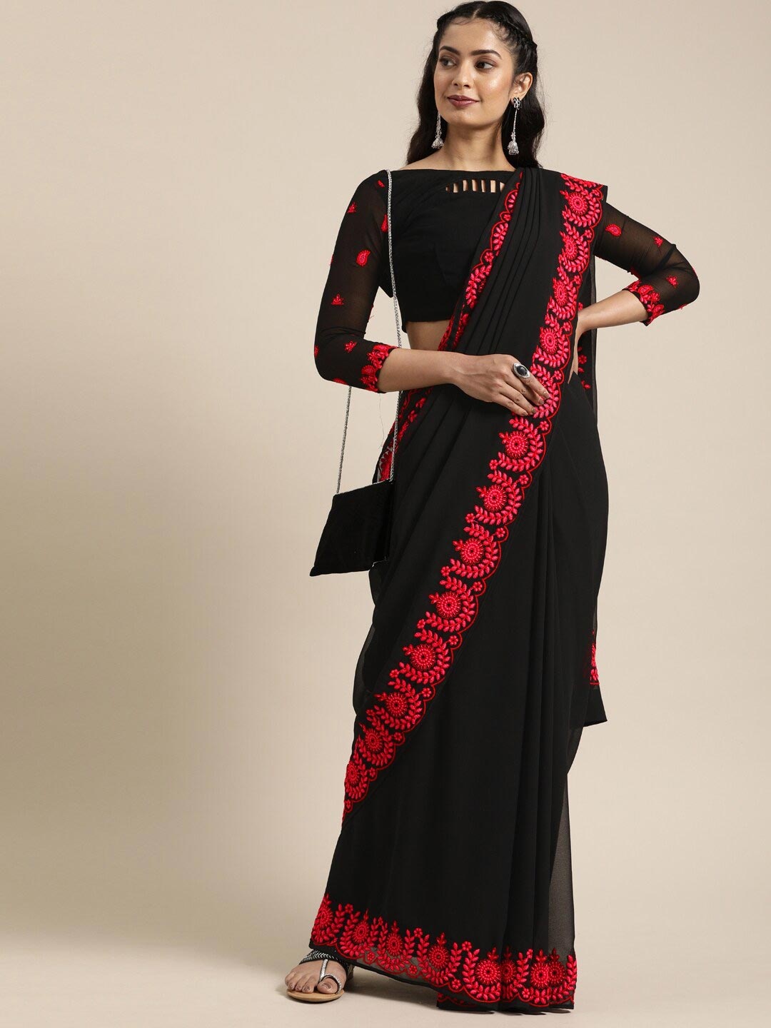 

SHAVYA Black & Red Embroidered Pure Georgette Saree