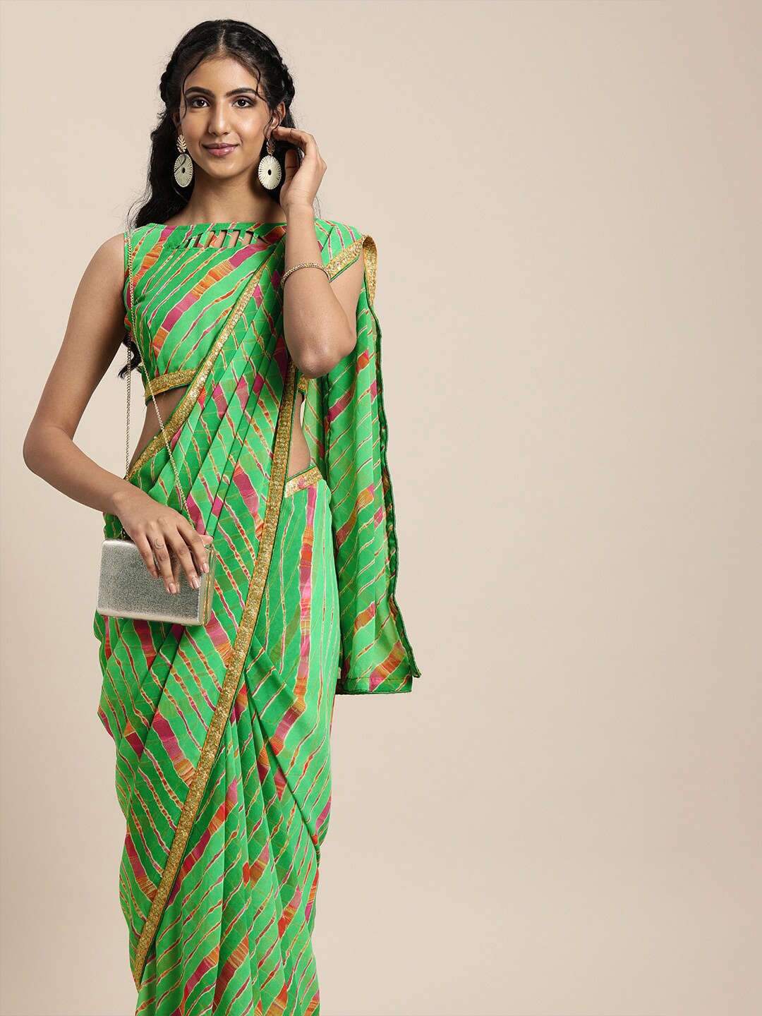 

SHAVYA Green & Pink Leheriya Pure Georgette Leheriya Saree