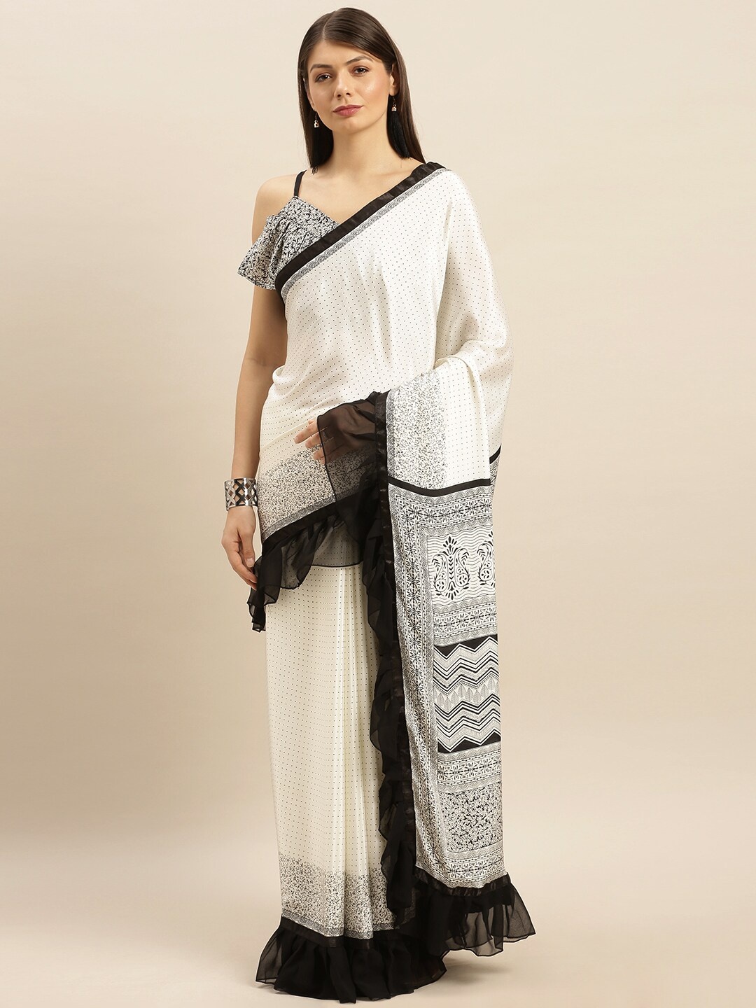 

SHAVYA Off White & Black Floral Satin Saree