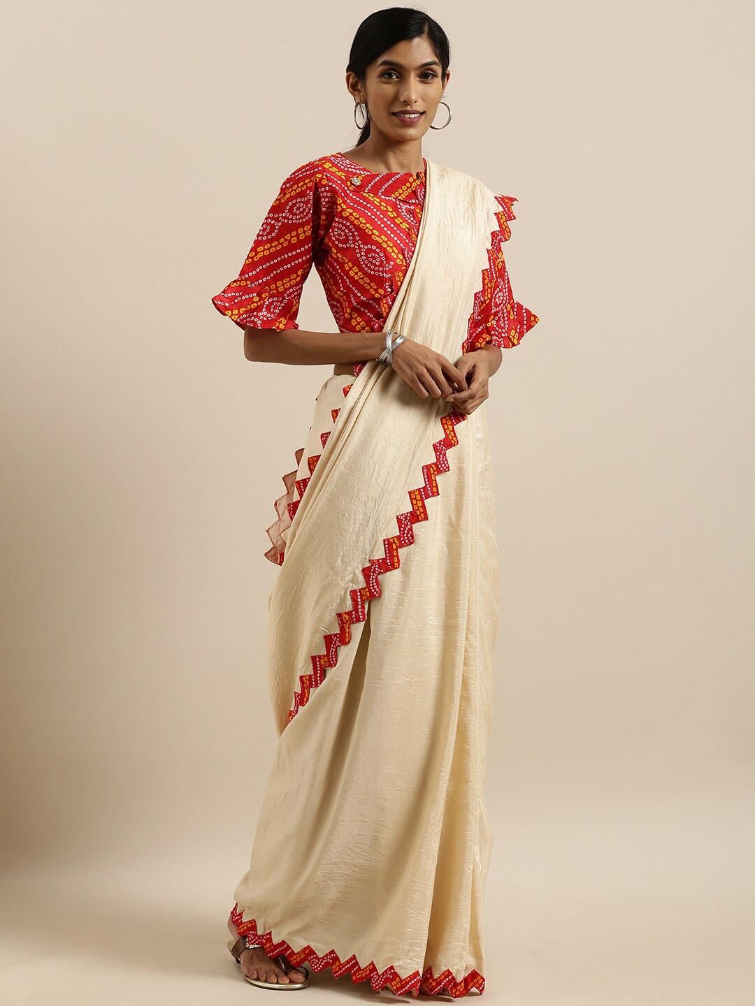 

SHAVYA Beige & Red Bandhani Patchwork Silk Blend Bandhani Saree