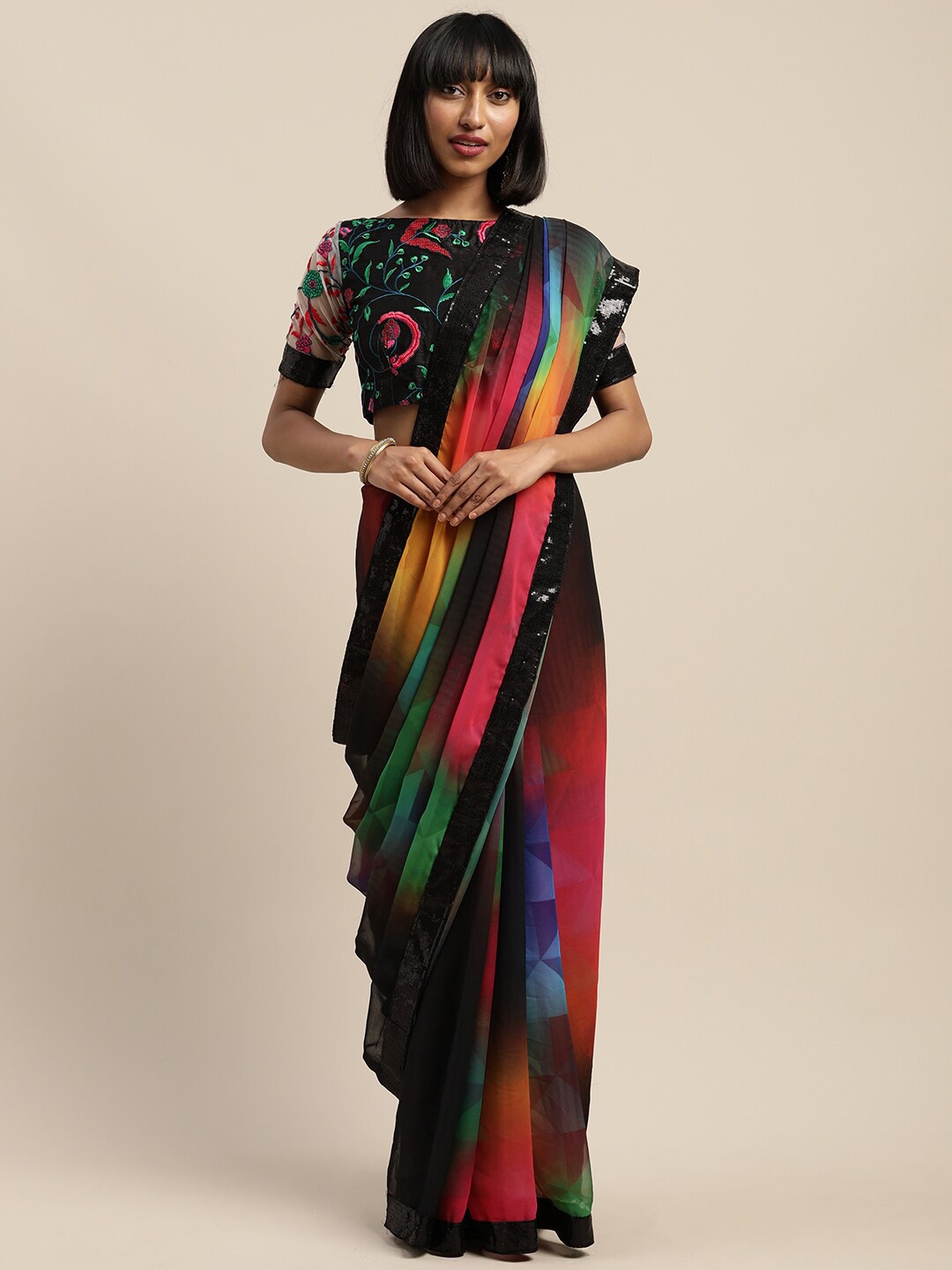 

SHAVYA Black & Green Pure Georgette Saree
