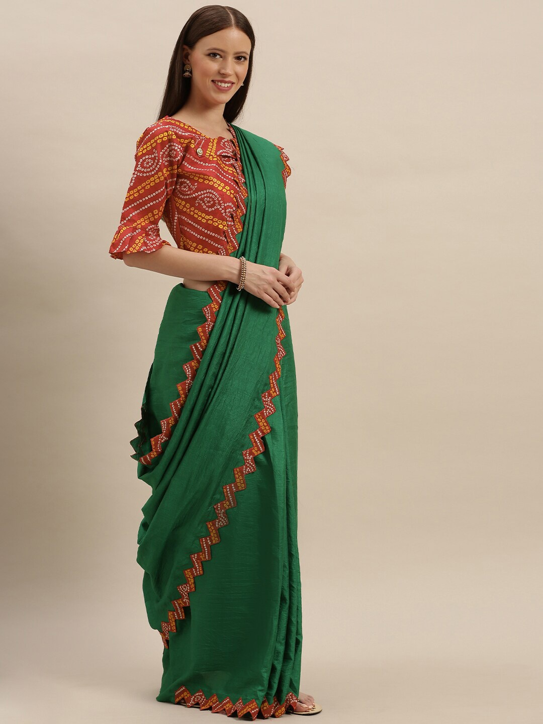 

SHAVYA Green & Red Patchwork Silk Blend Heavy Work Bandhani Saree
