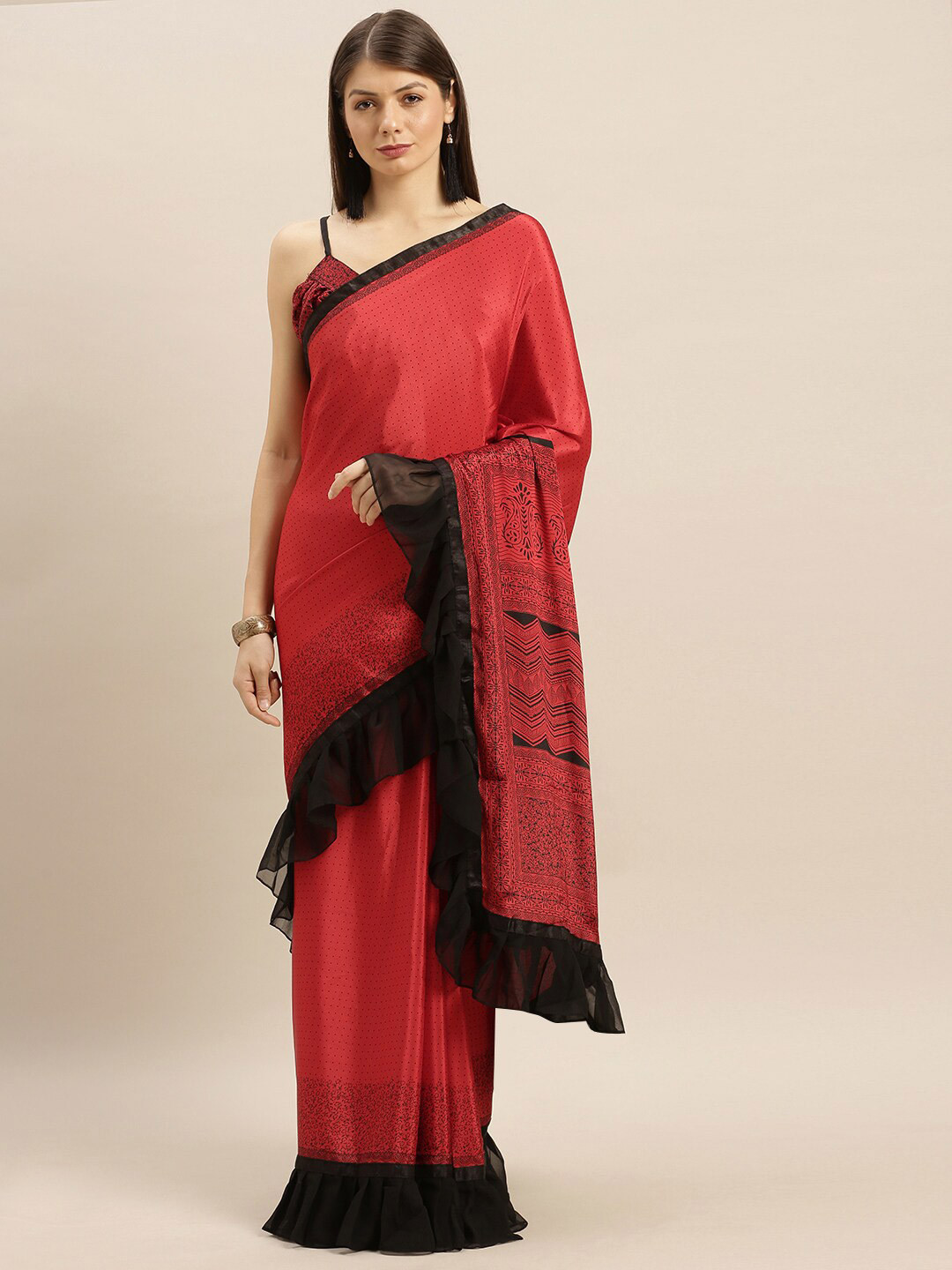

SHAVYA Red & Black Floral Satin Saree