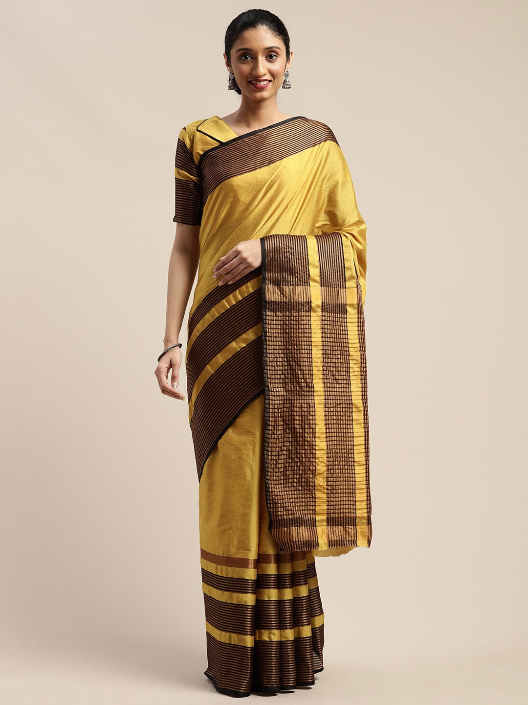 

SHAVYA Mustard & Black Woven Design Art Silk Saree