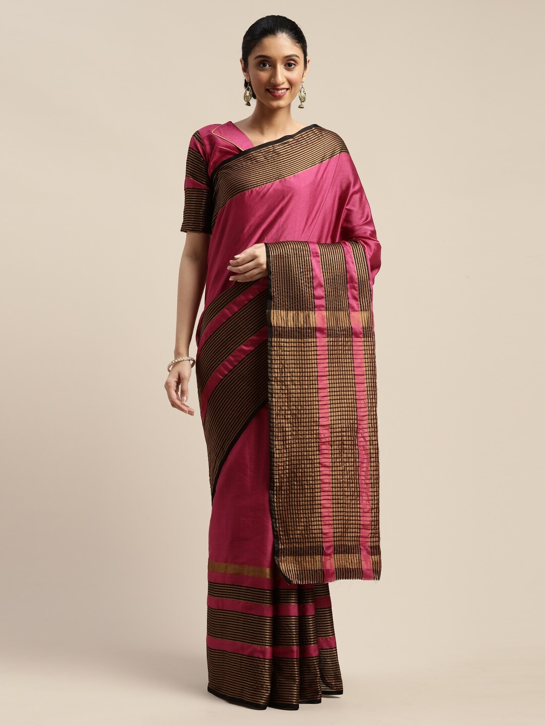 

SHAVYA Pink & Black Woven Design Zari Art Silk Saree