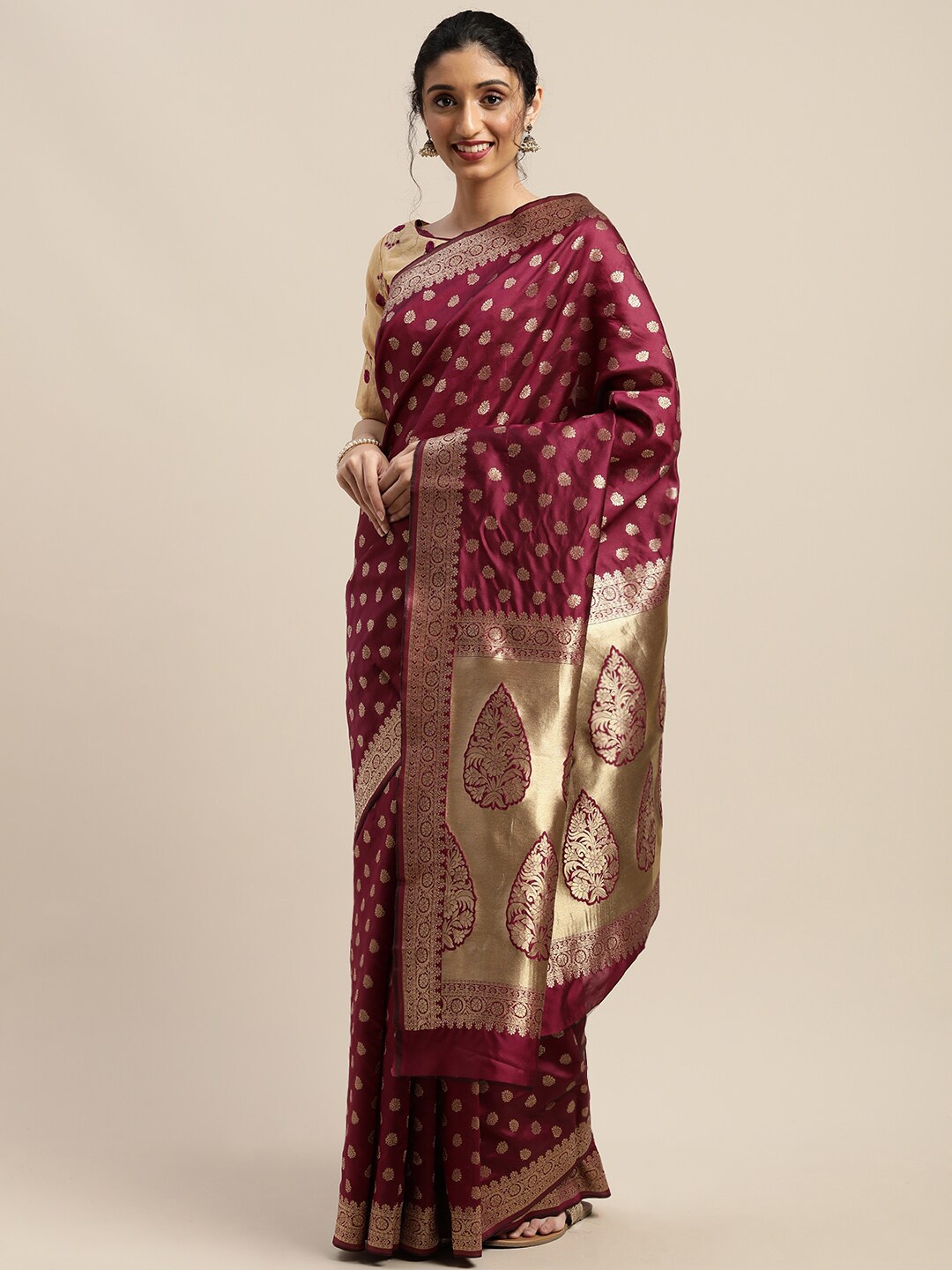 

SHAVYA Purple & Golden Floral Zari Silk Blend Banarasi Saree