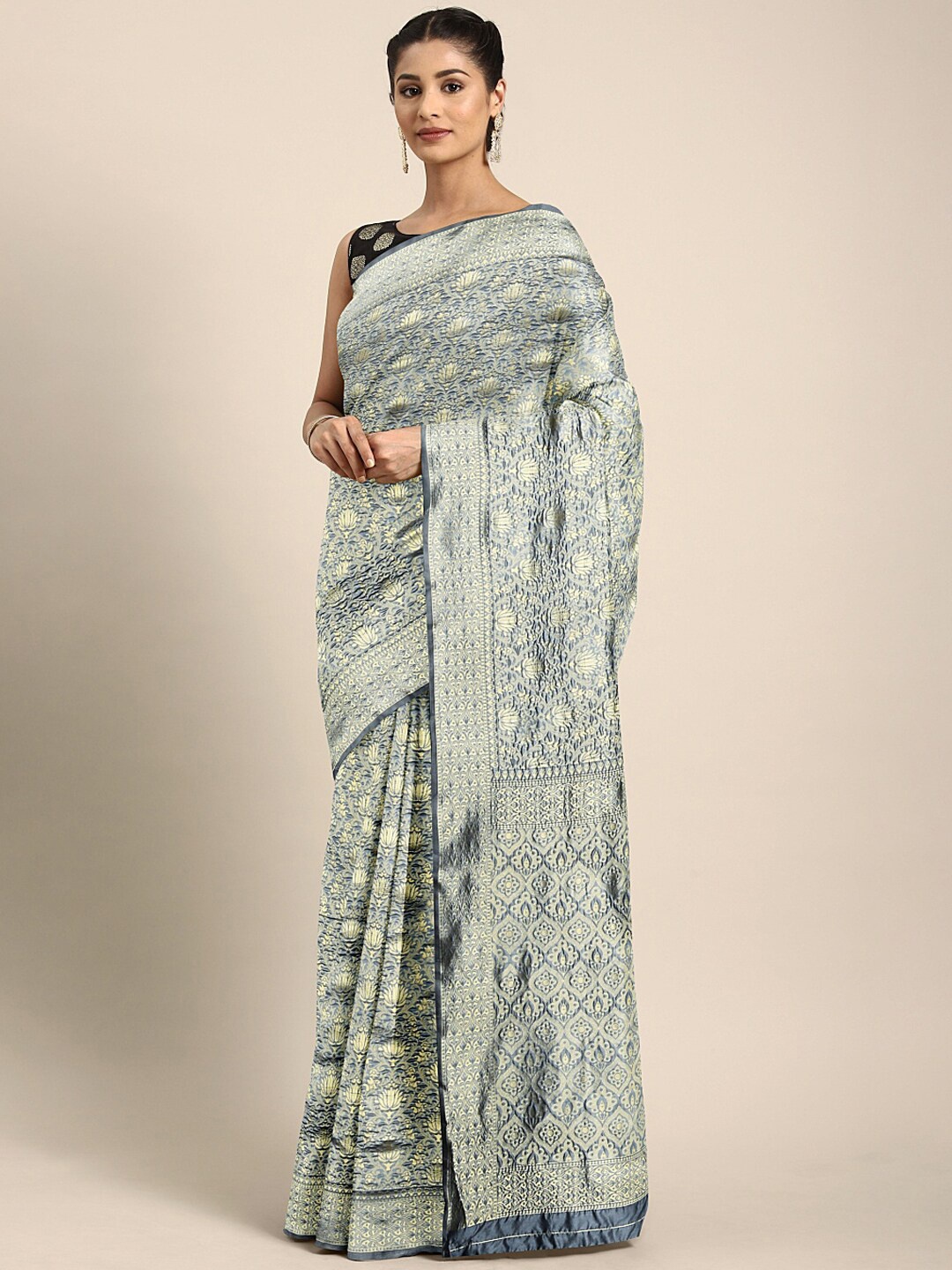 

SHAVYA Grey & Gold-Toned Woven Design Zari Silk Blend Banarasi Saree