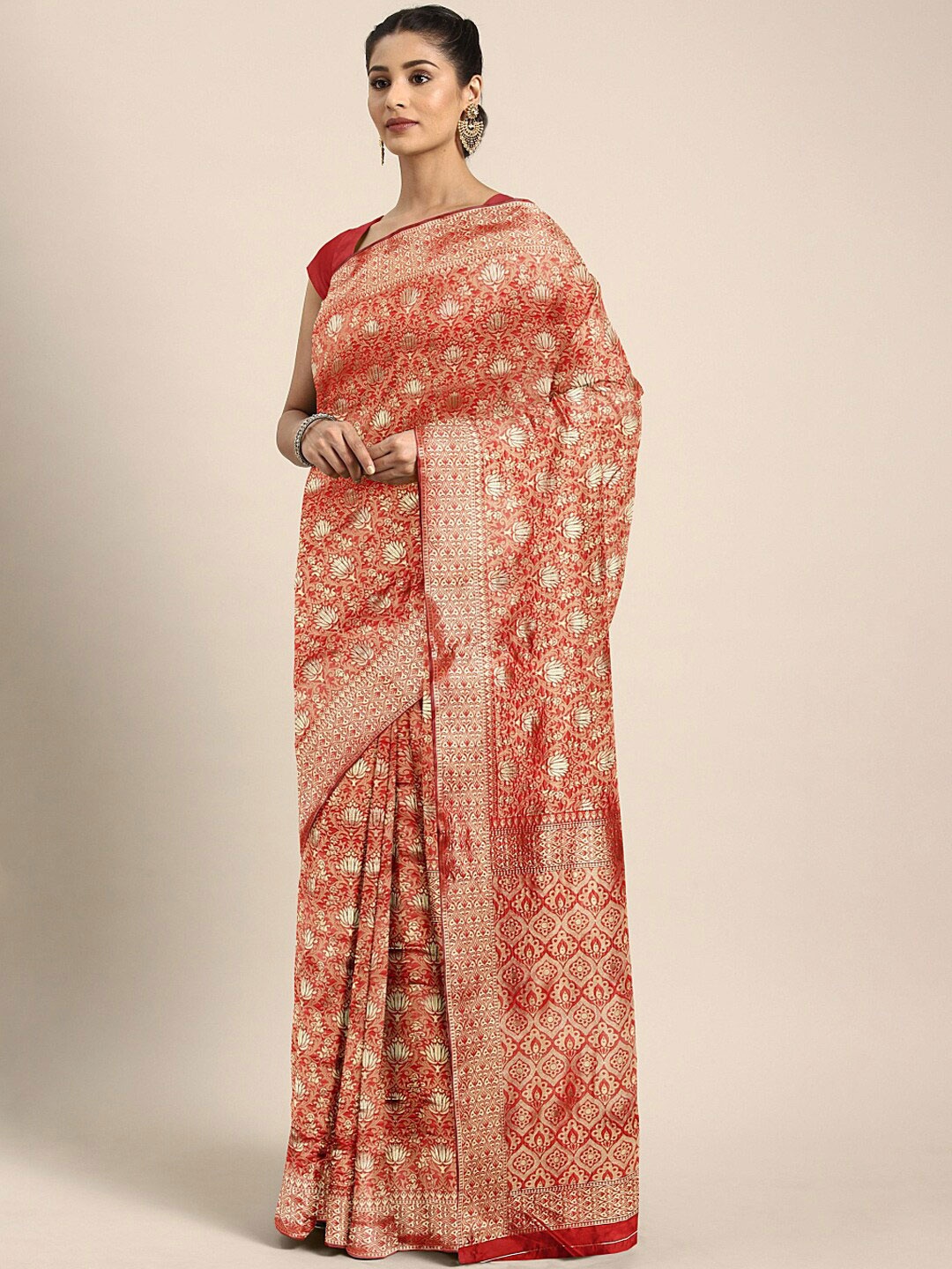

SHAVYA Red & Silver-Toned Woven Design Zari Silk Blend Banarasi Saree