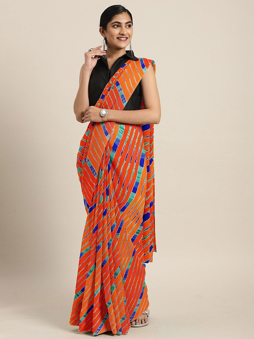 

SHAVYA Orange & Blue Bandhani Pure Georgette Bandhani Saree
