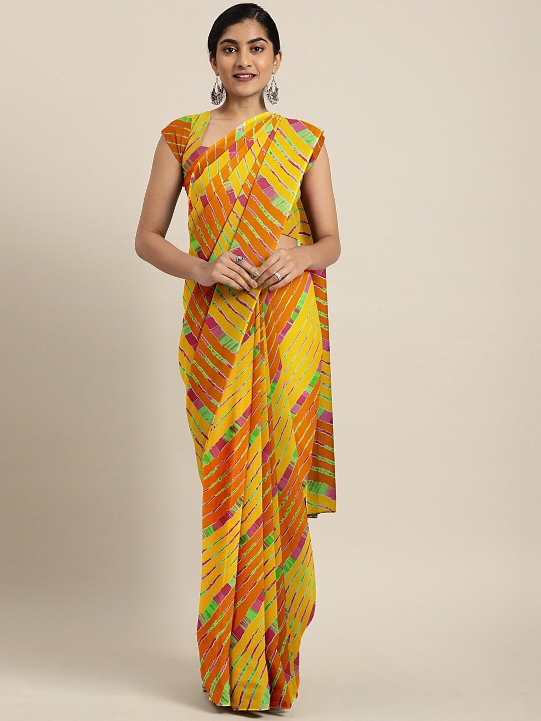 

SHAVYA Yellow & Orange Bandhani Pure Georgette Leheriya Saree