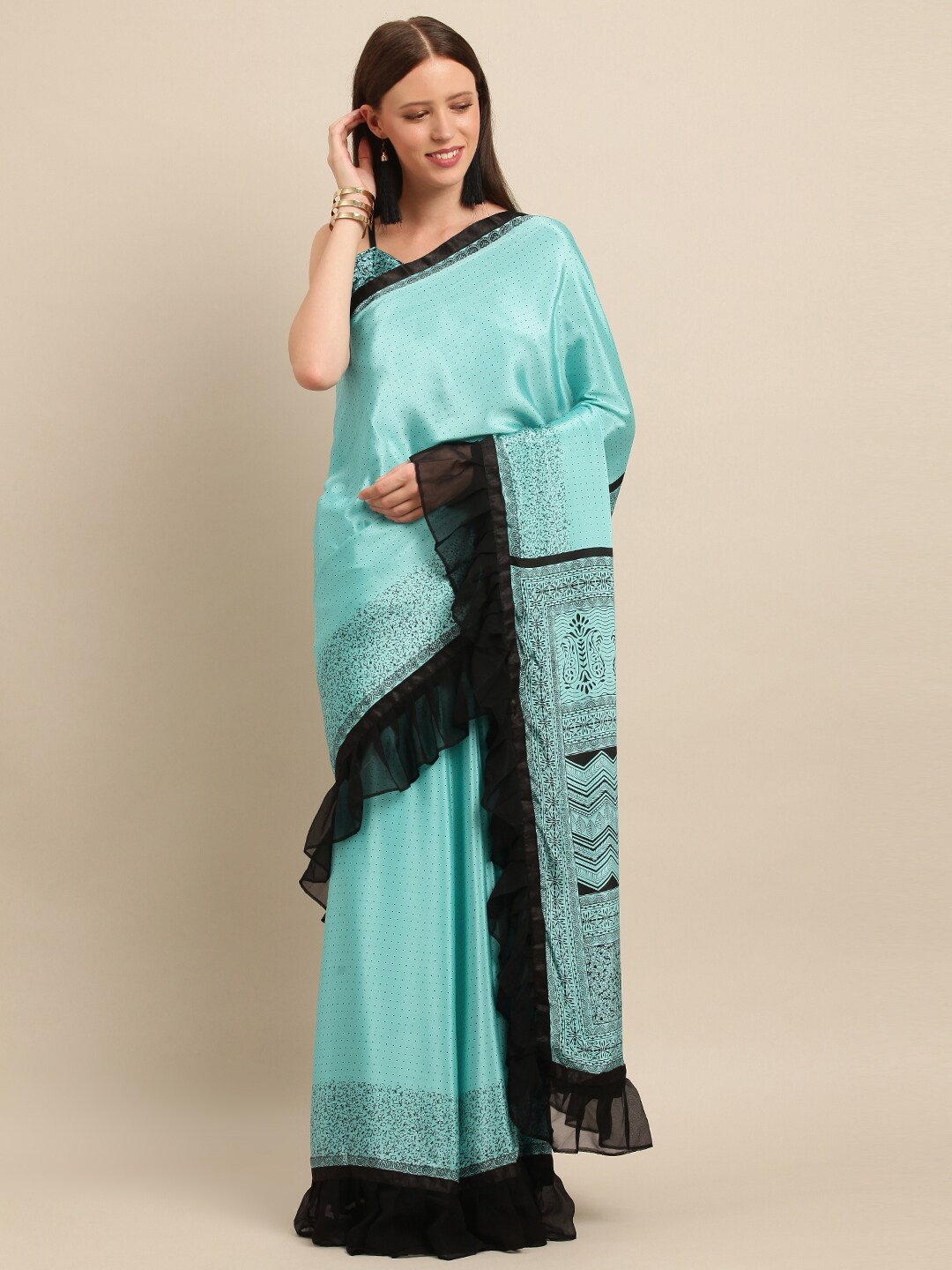 

SHAVYA Sea Green & Black Floral Printed Satin Saree