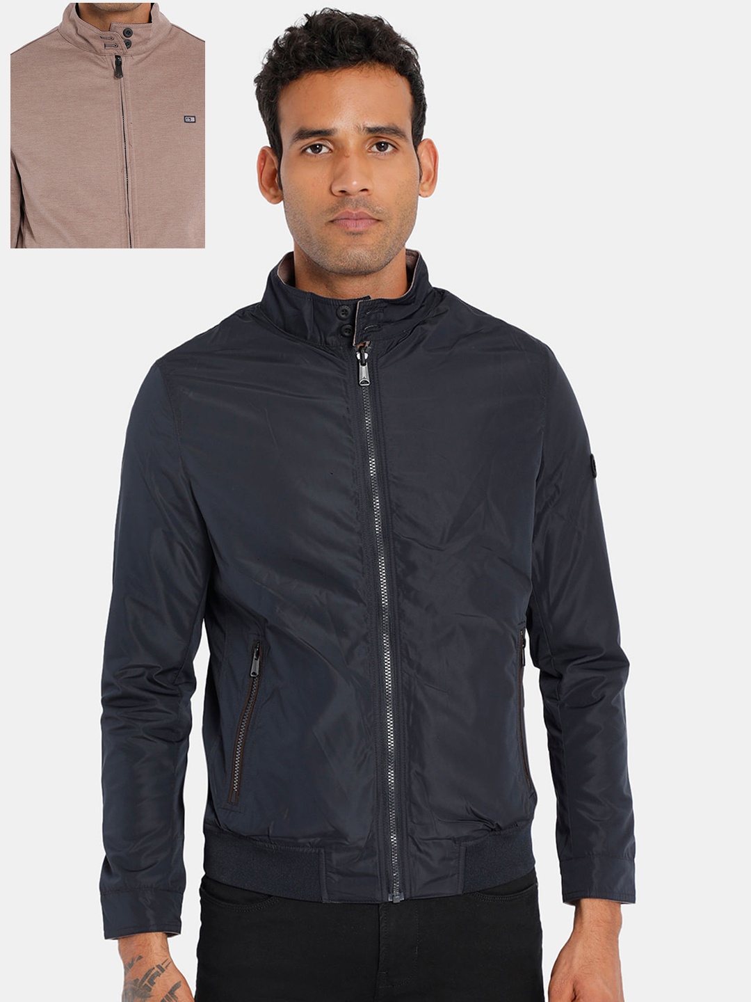 

Arrow Sport Men Navy Blue Reversible Solid Bomber Jacket