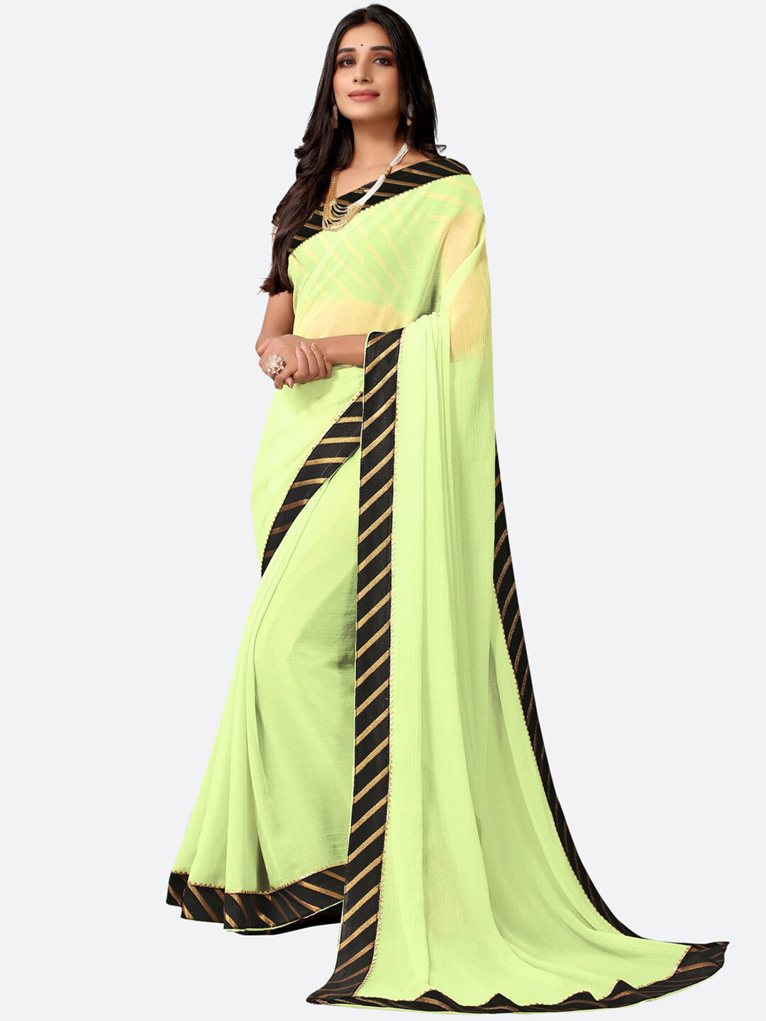 

SIRIL Green & Black Solid Lace Border Saree