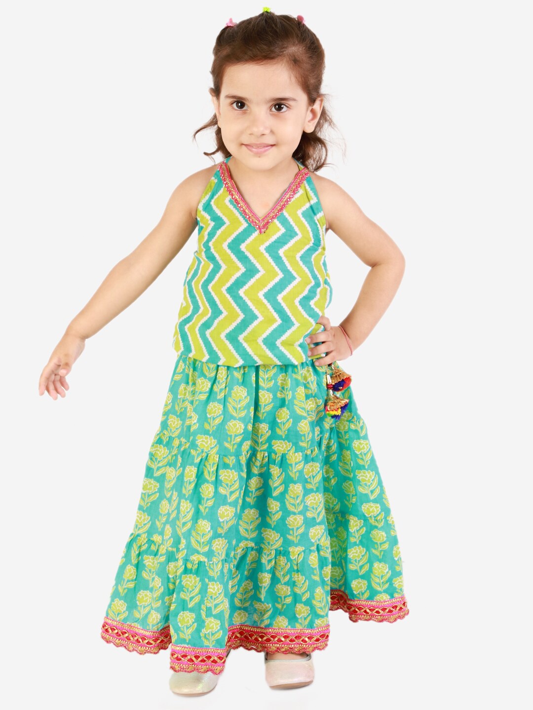 

KID1 Girls Green & Blue Pure Cotton Printed Top with Skirt