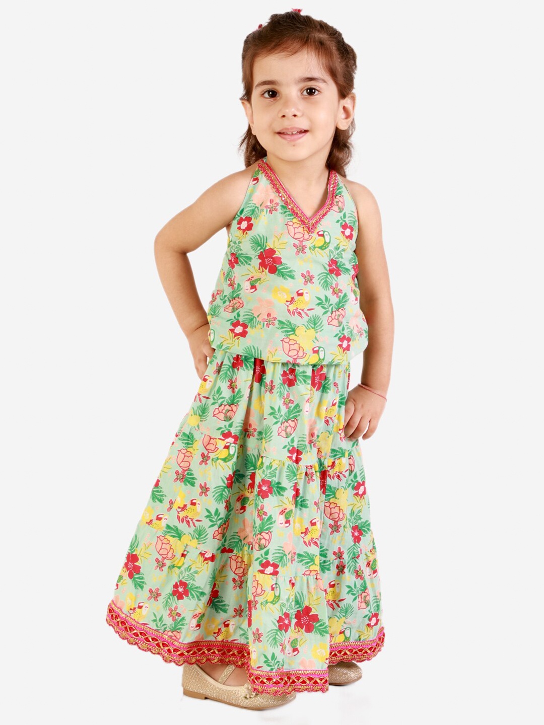

KID1 Girls Green & Red Pure Cotton Printed Top with Skirt