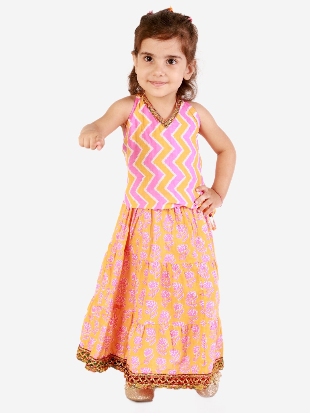 

KID1 Girls Peach-Coloured Printed Top with Skirt