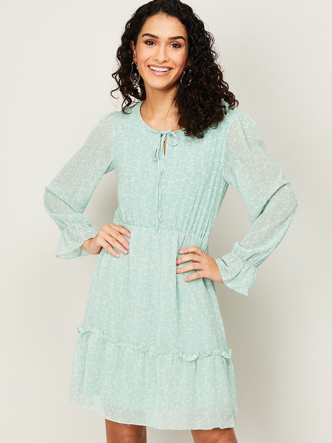 

Bossini Women Green Tie-Up Neck A-Line Dress