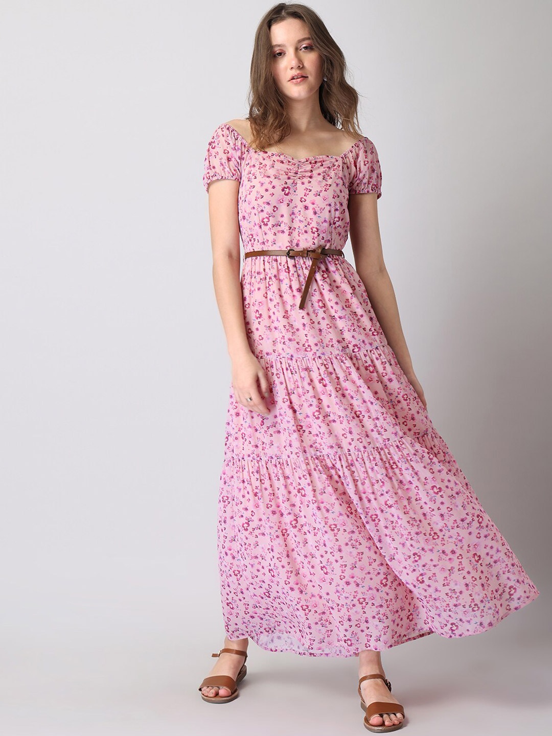 

FabAlley Pink Floral Georgette Maxi Dress with Tan Belt