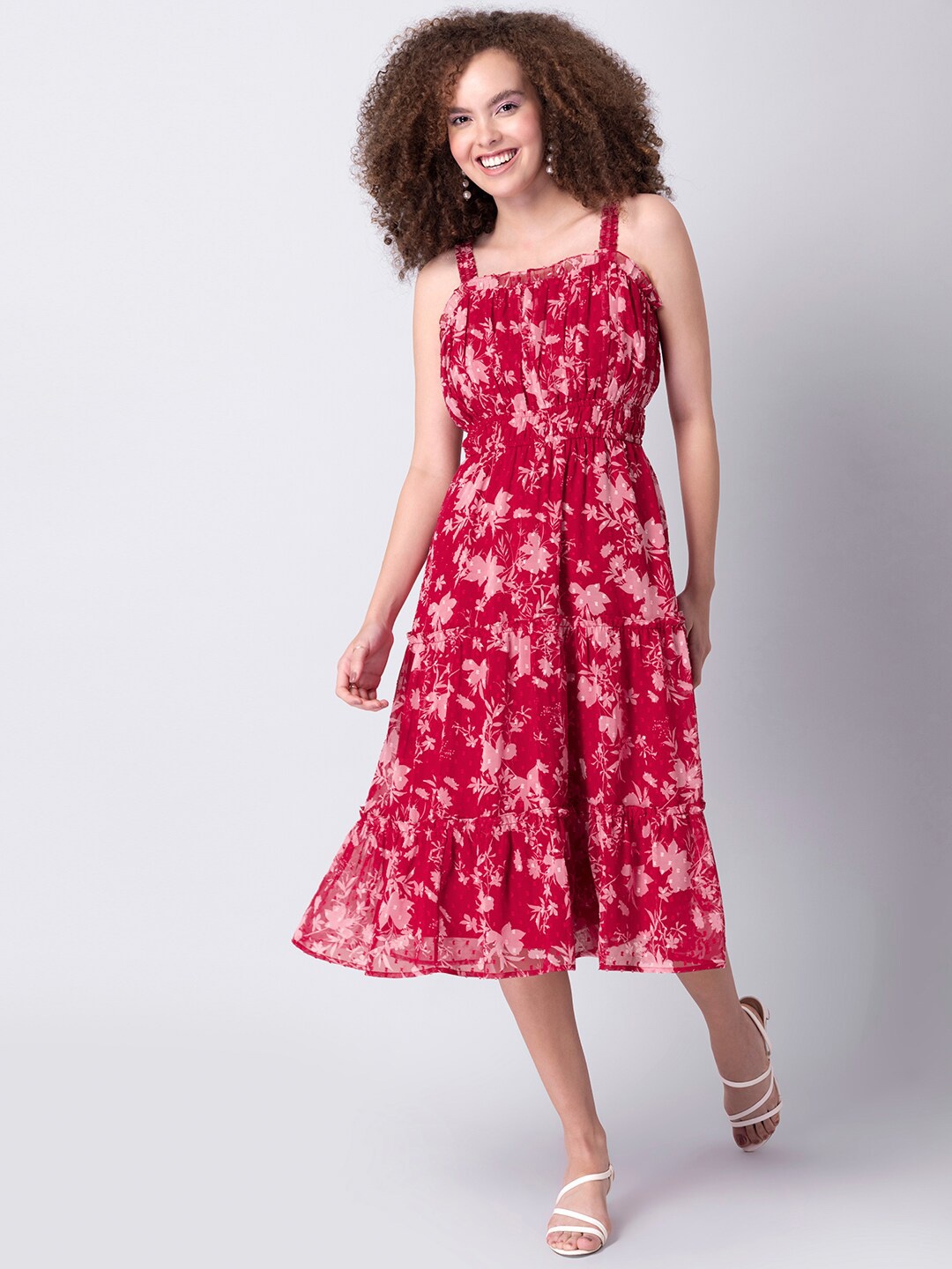

FabAlley Red Floral Georgette Tiered Midi Dress