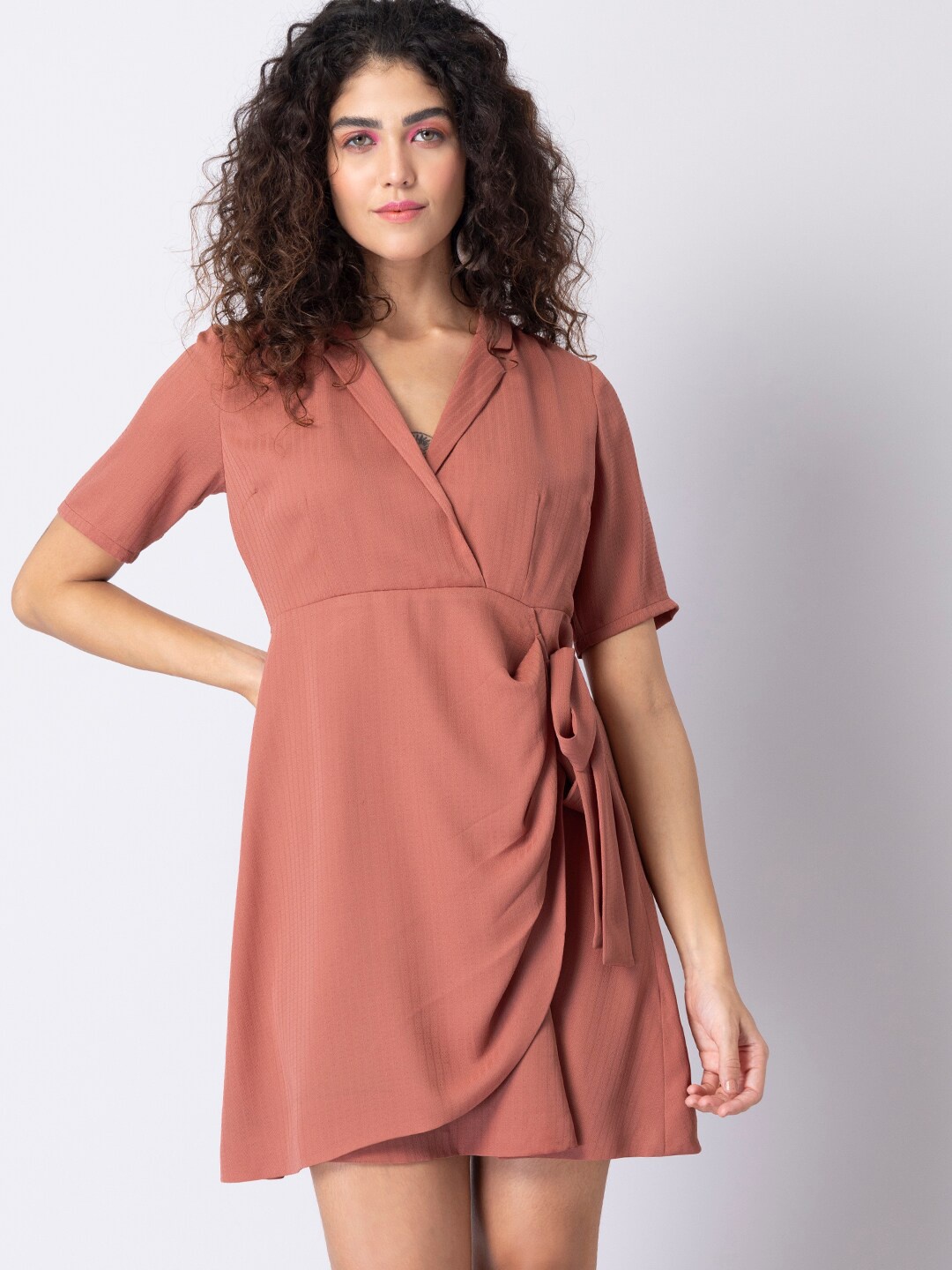 

FabAlley Brown Crepe Wrap Mini Dress