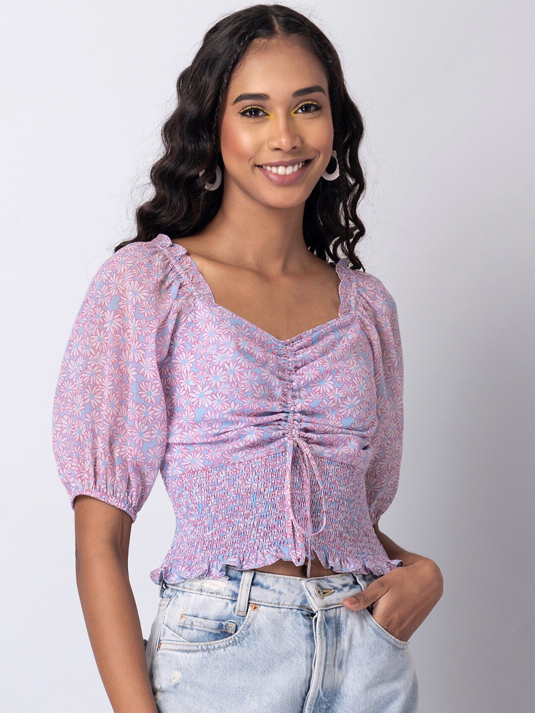 

FabAlley Women Blue Floral Print Smocked Crop Top