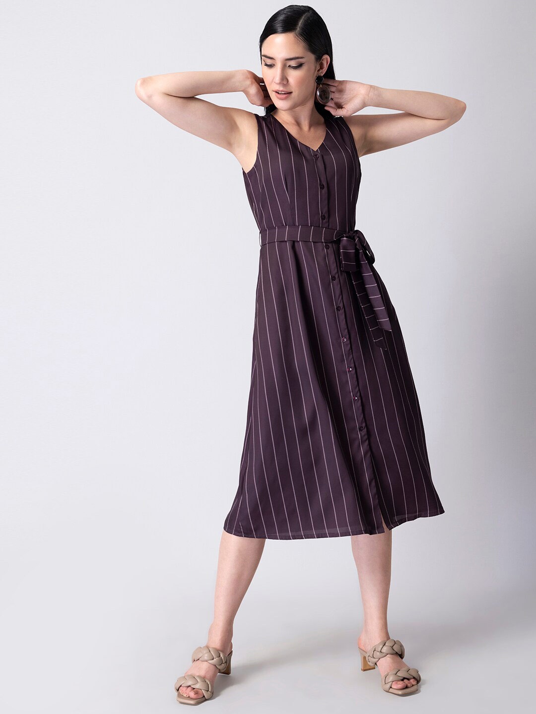 

FabAlley Women Purple Striped Satin Midi Dress