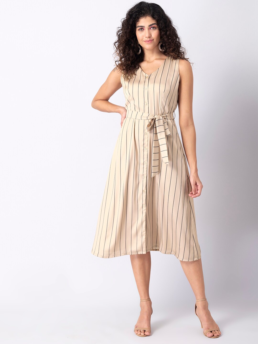 

FabAlley Beige Striped Satin Midi Dress