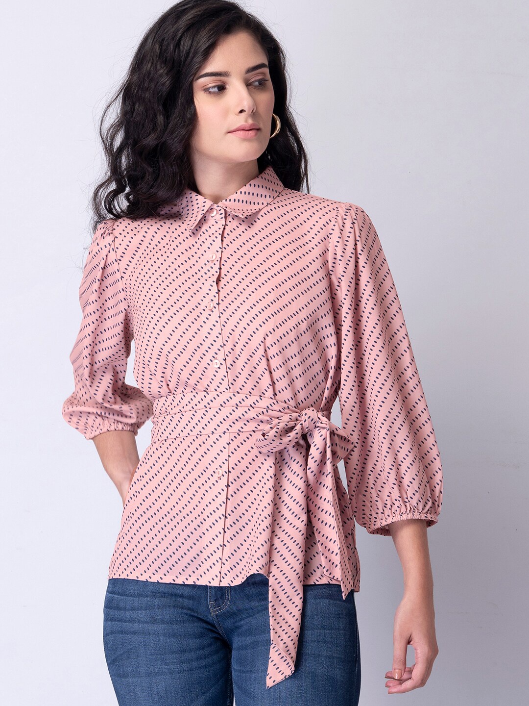 

FabAlley Women Pink Printed Crepe Belted Shirt Style Top