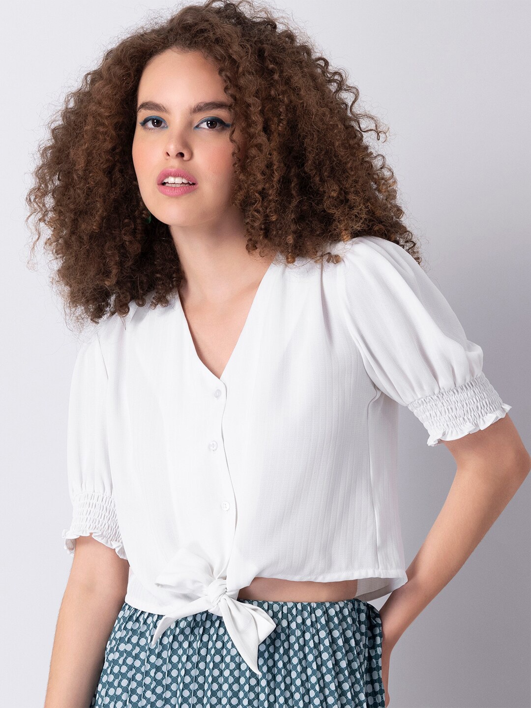 

FabAlley Women White Georgette Shirt Style Crop Top