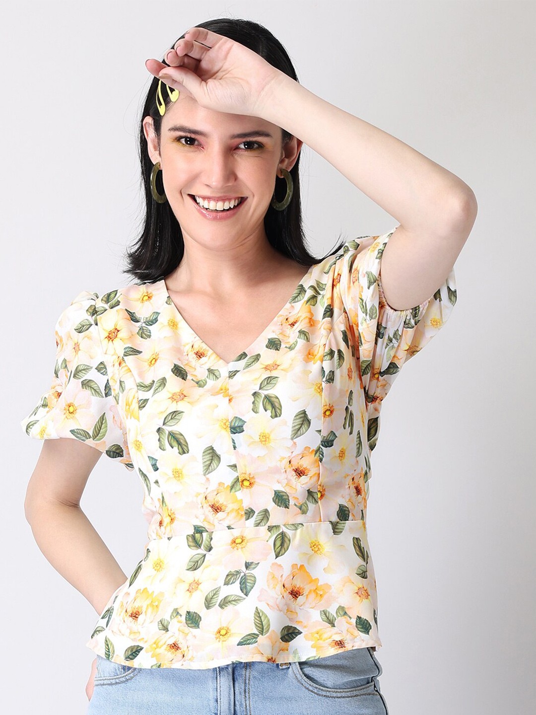 

FabAlley Women White Floral Print Georgette Styled Back Top