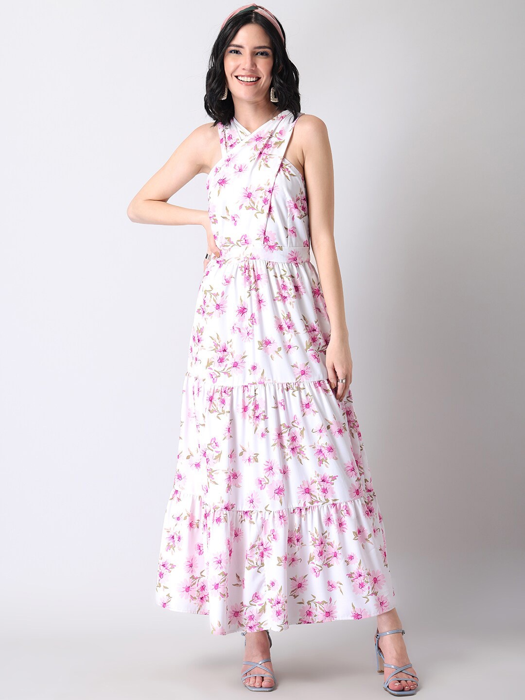 

FabAlley White Floral Georgette Tiered Maxi Dress