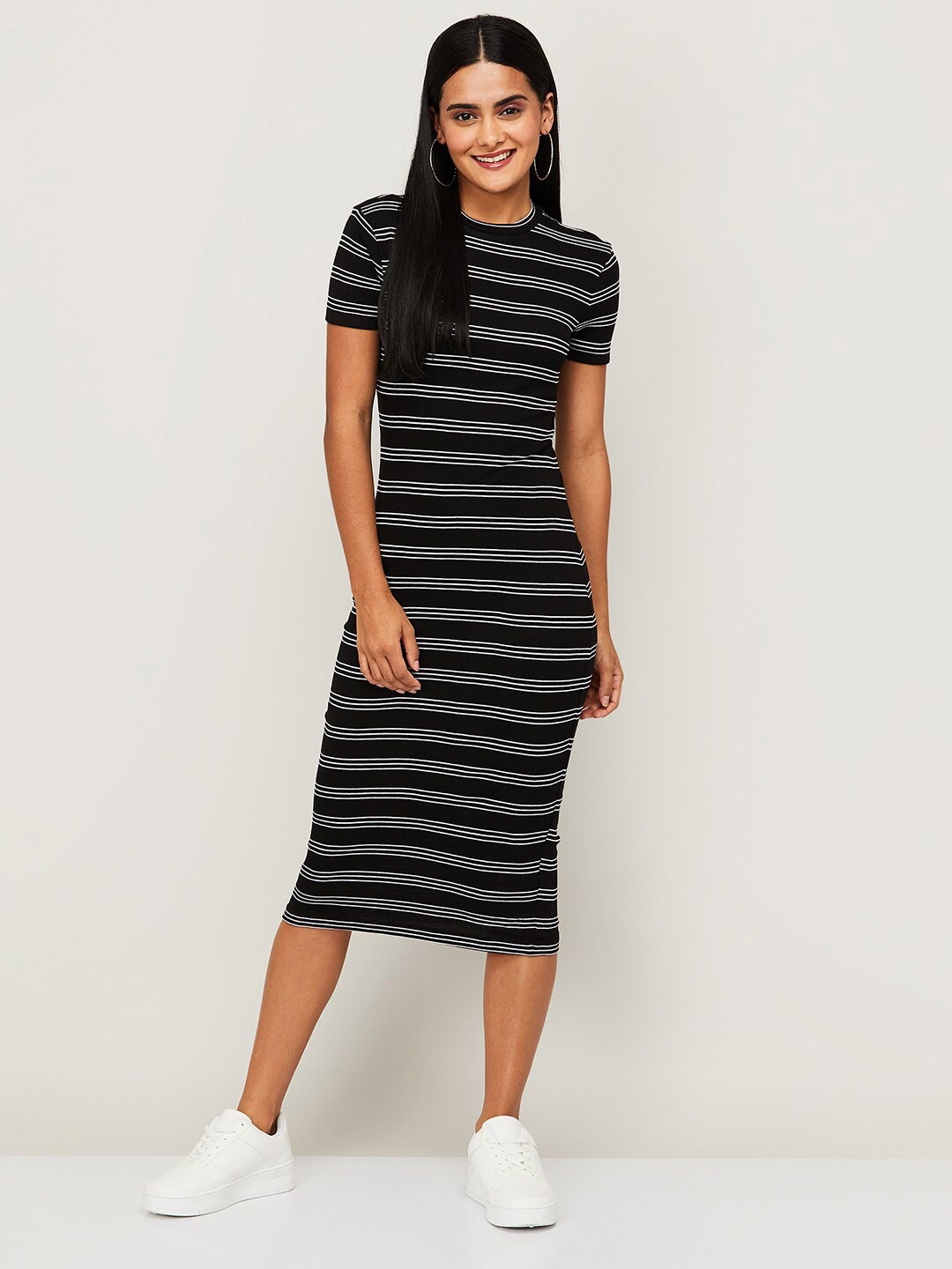 

Ginger by Lifestyle Women Black Striped Bodycon Midi Dress