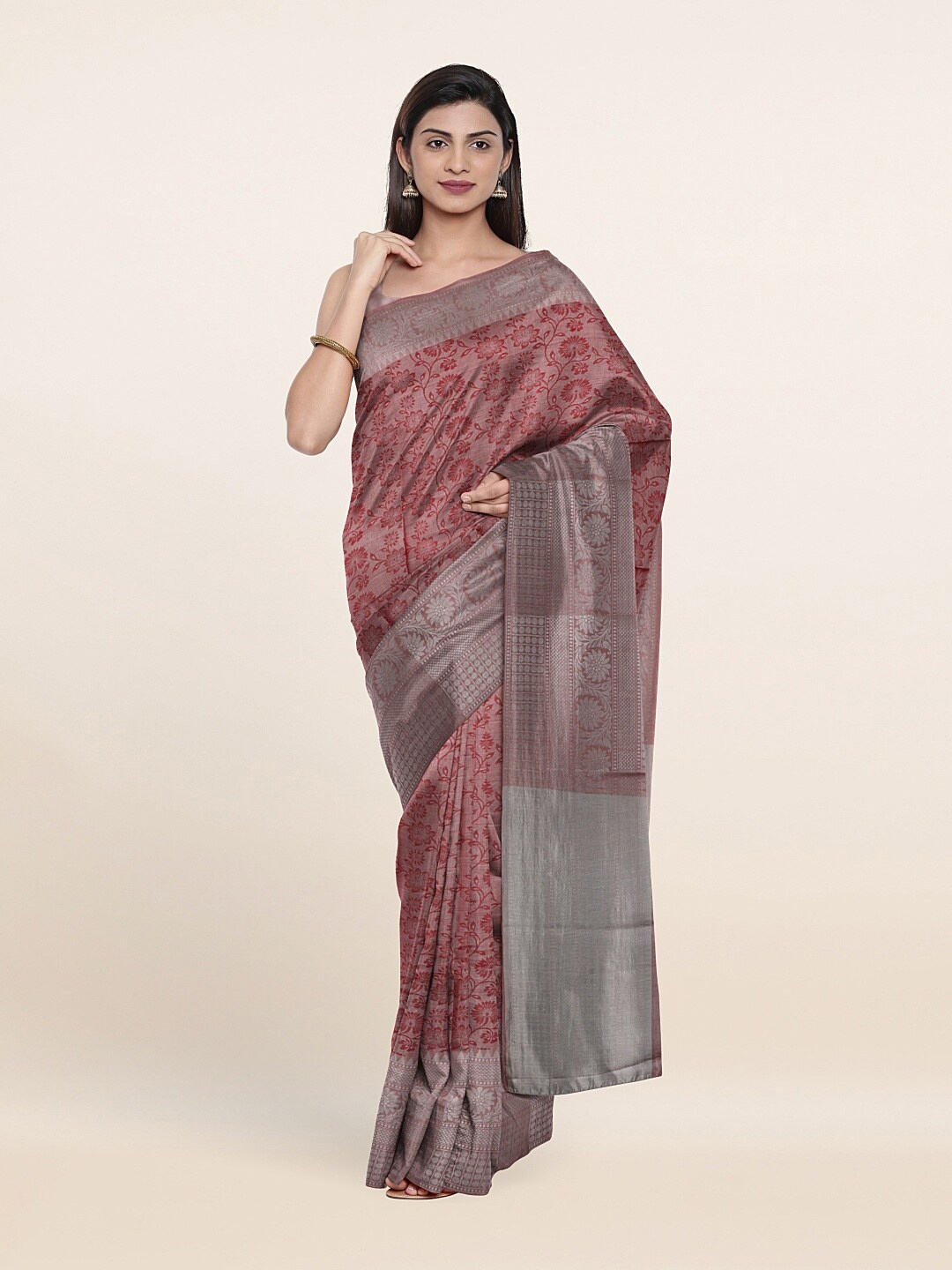 

Pothys Red & Silver-Toned Floral Woven Design Art Silk Saree