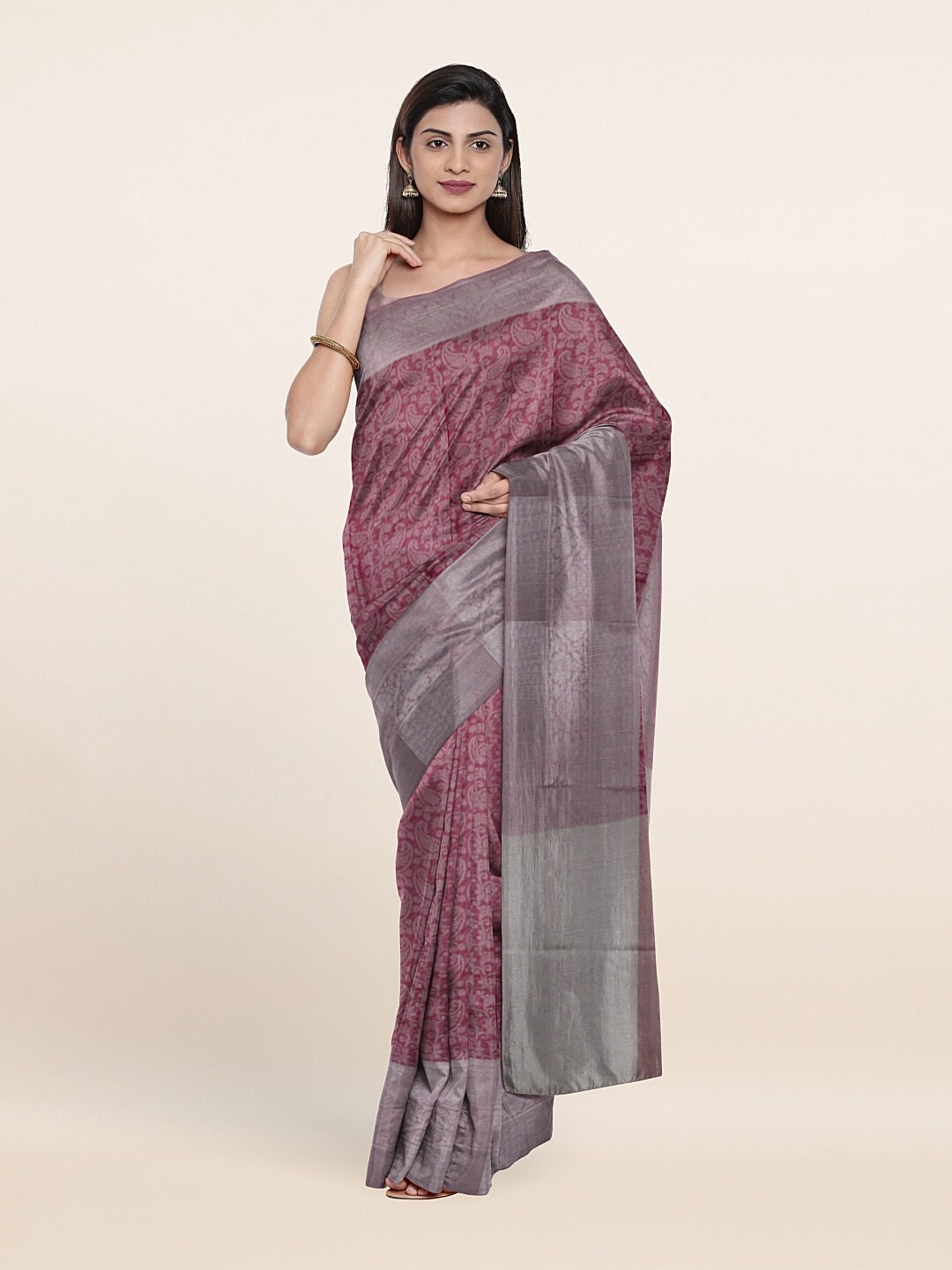 

Pothys Pink & Silver-Toned Paisley Woven Design Art Silk Saree