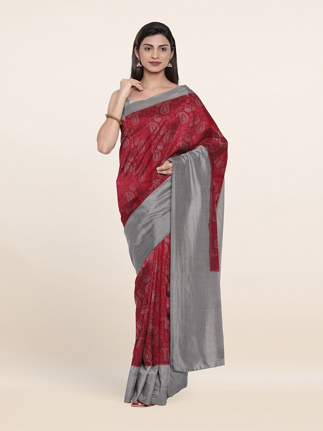 

Pothys Red & Silver-Toned Woven Design Zari Art Silk Saree