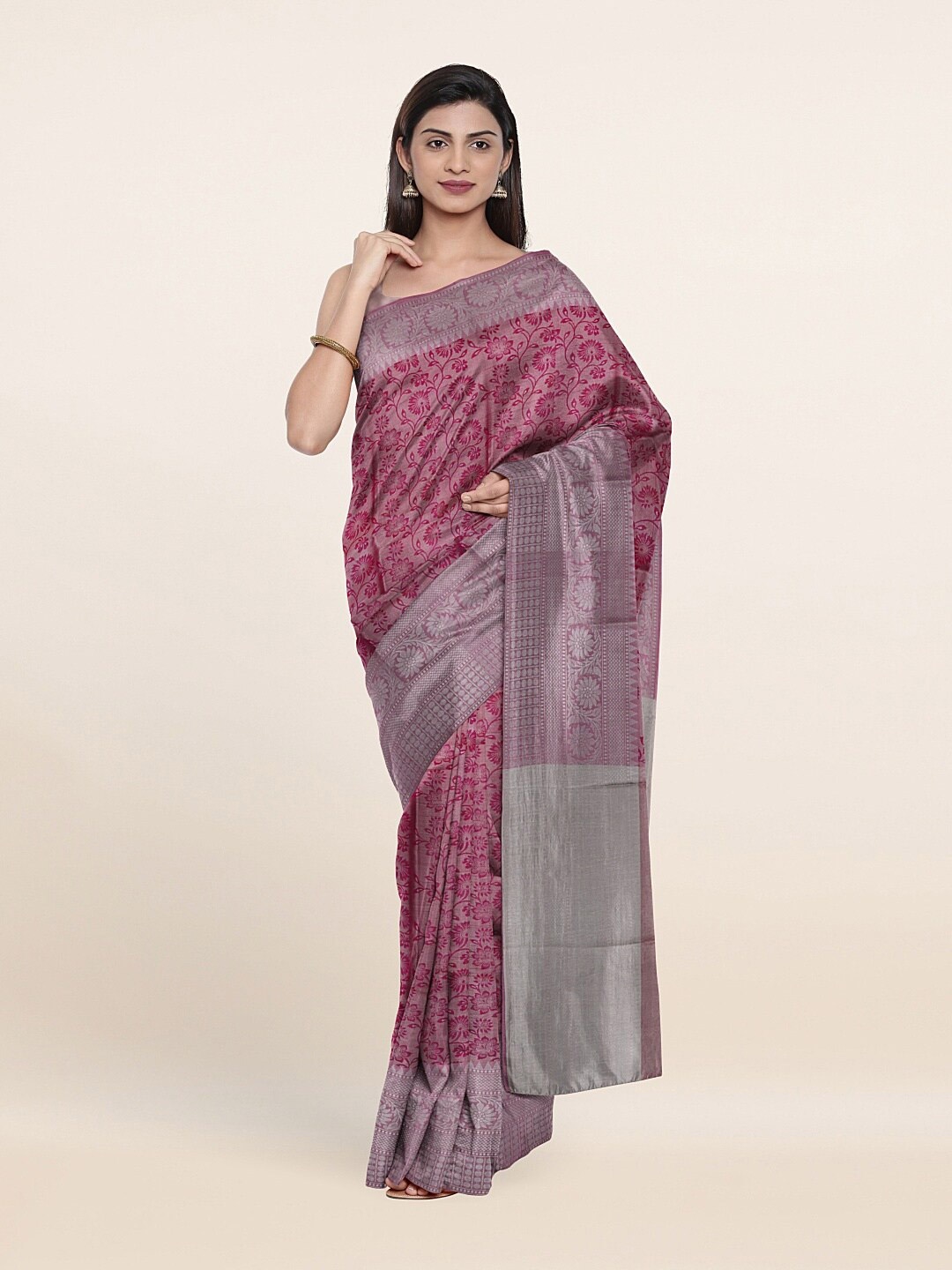 

Pothys Pink & Silver-Toned Ethnic Motifs Art Silk Saree