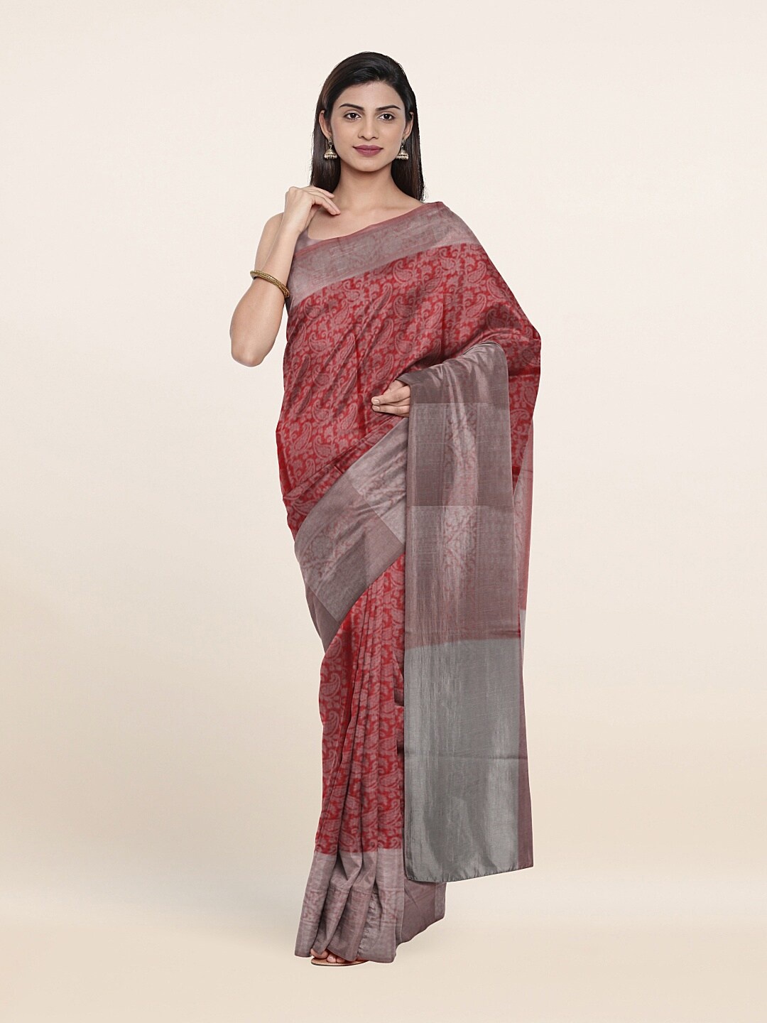 

Pothys Red & Silver-Toned Paisley Art Silk Saree