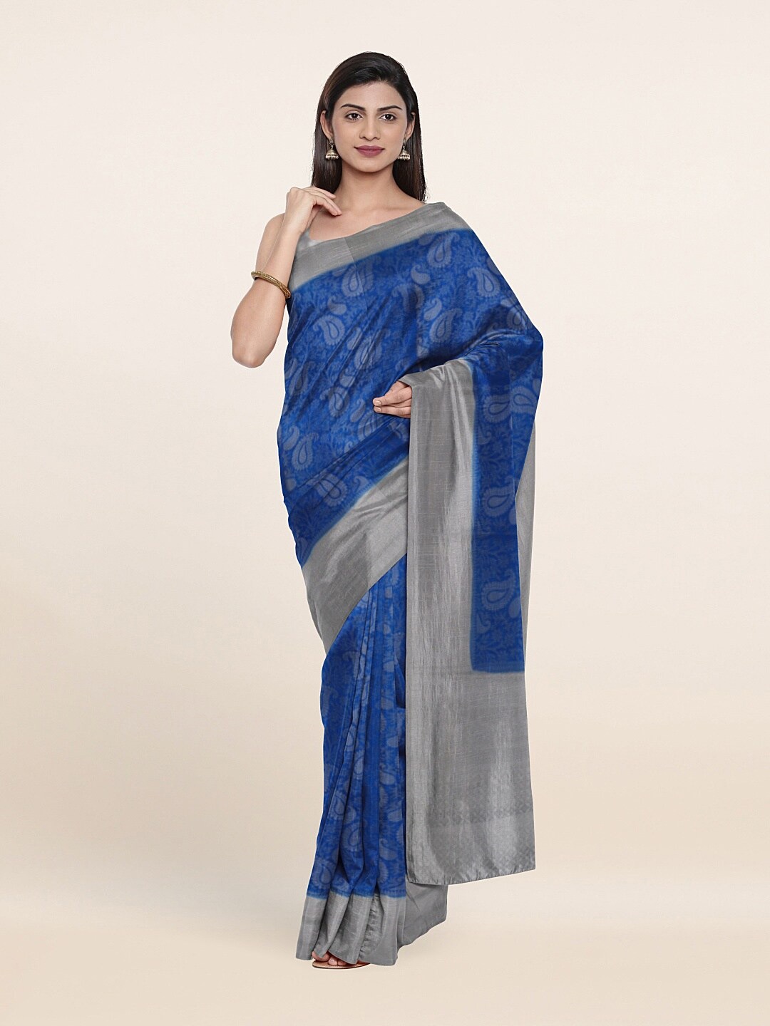 

Pothys Blue & Silver-Toned Paisley Zari Art Silk Saree