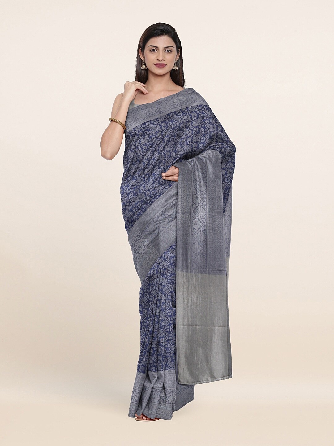 

Pothys Blue & Silver-Toned Woven Design Zari Art Silk Saree