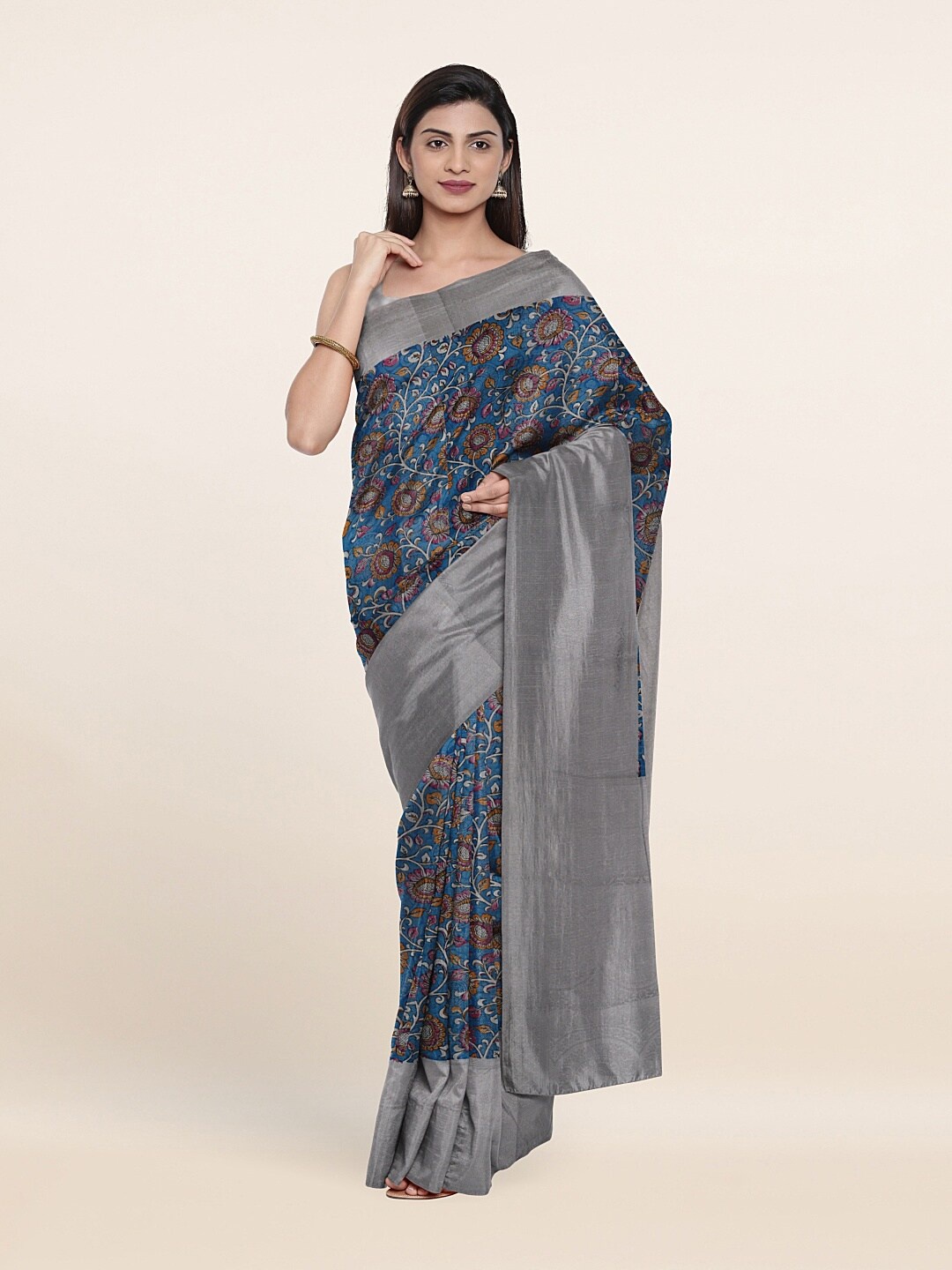 

Pothys Blue & Grey Floral Zari Jute Silk Saree