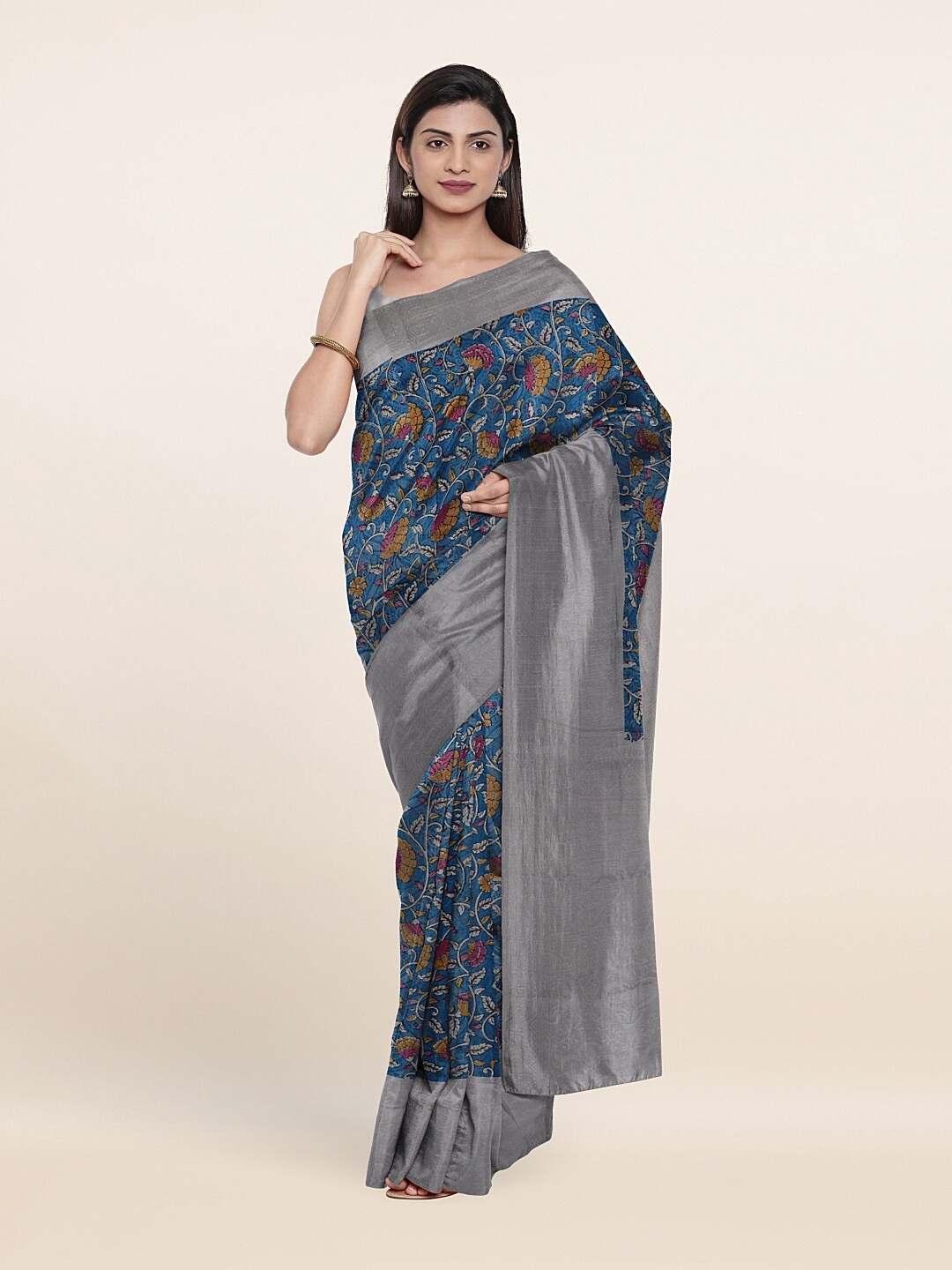 

Pothys Blue & Grey Floral Jute Silk Saree