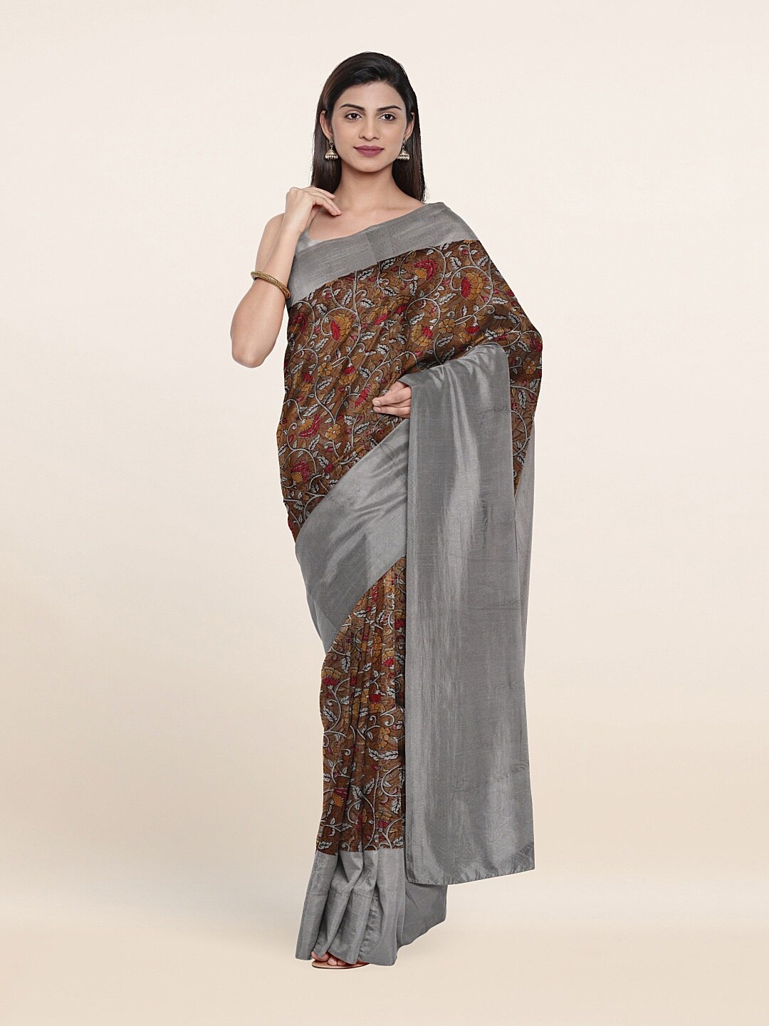 

Pothys Brown & Grey Floral Jute Silk Saree