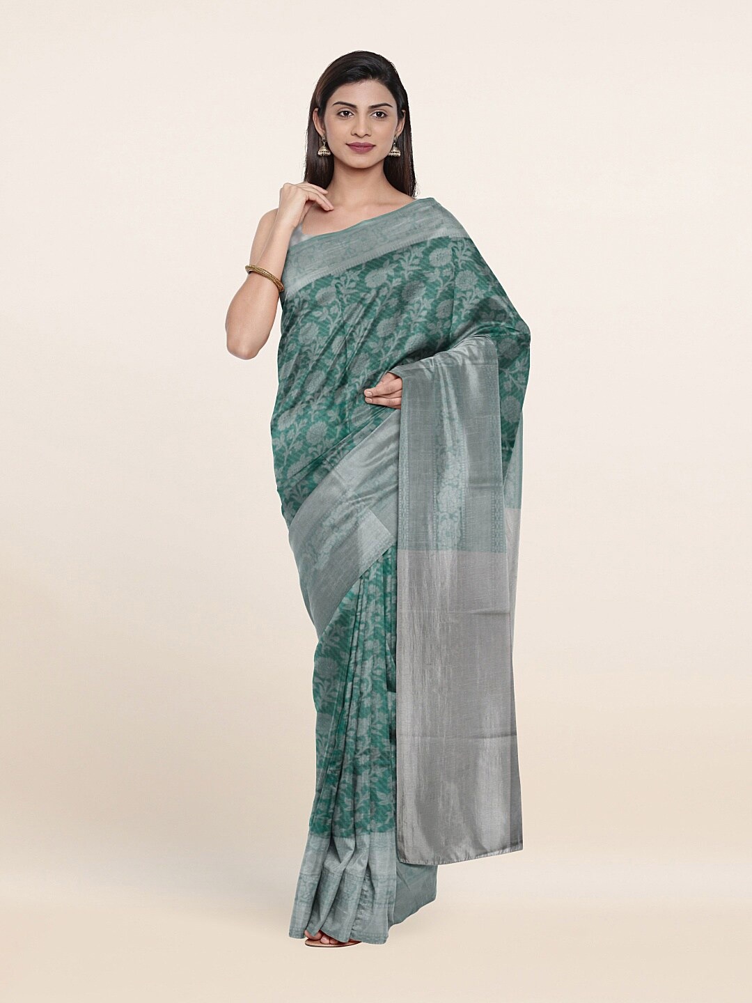 

Pothys Green & Silver-Toned Woven Design Zari Art Silk Saree