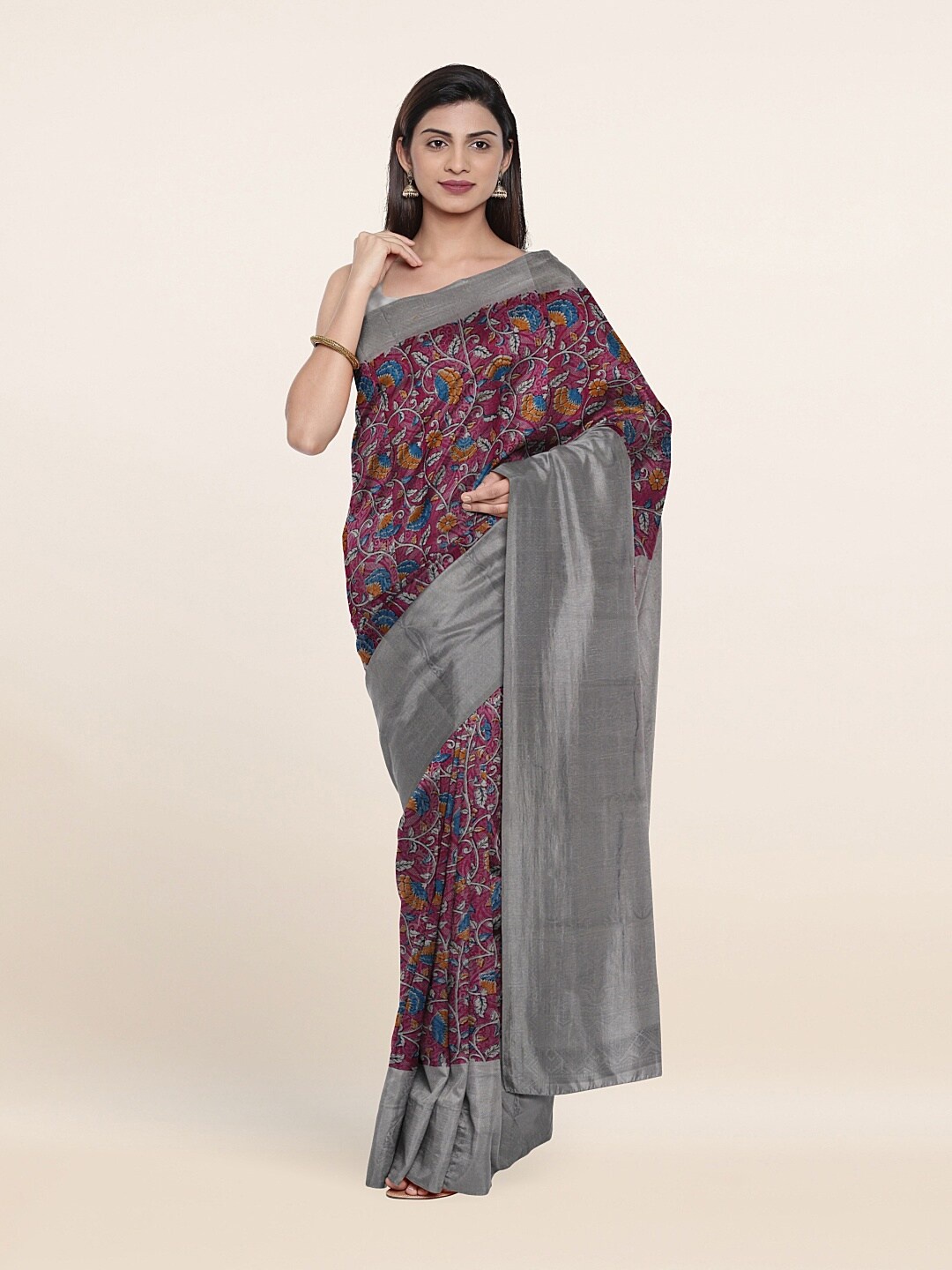 

Pothys Pink & Silver-Toned Floral Jute Silk Saree