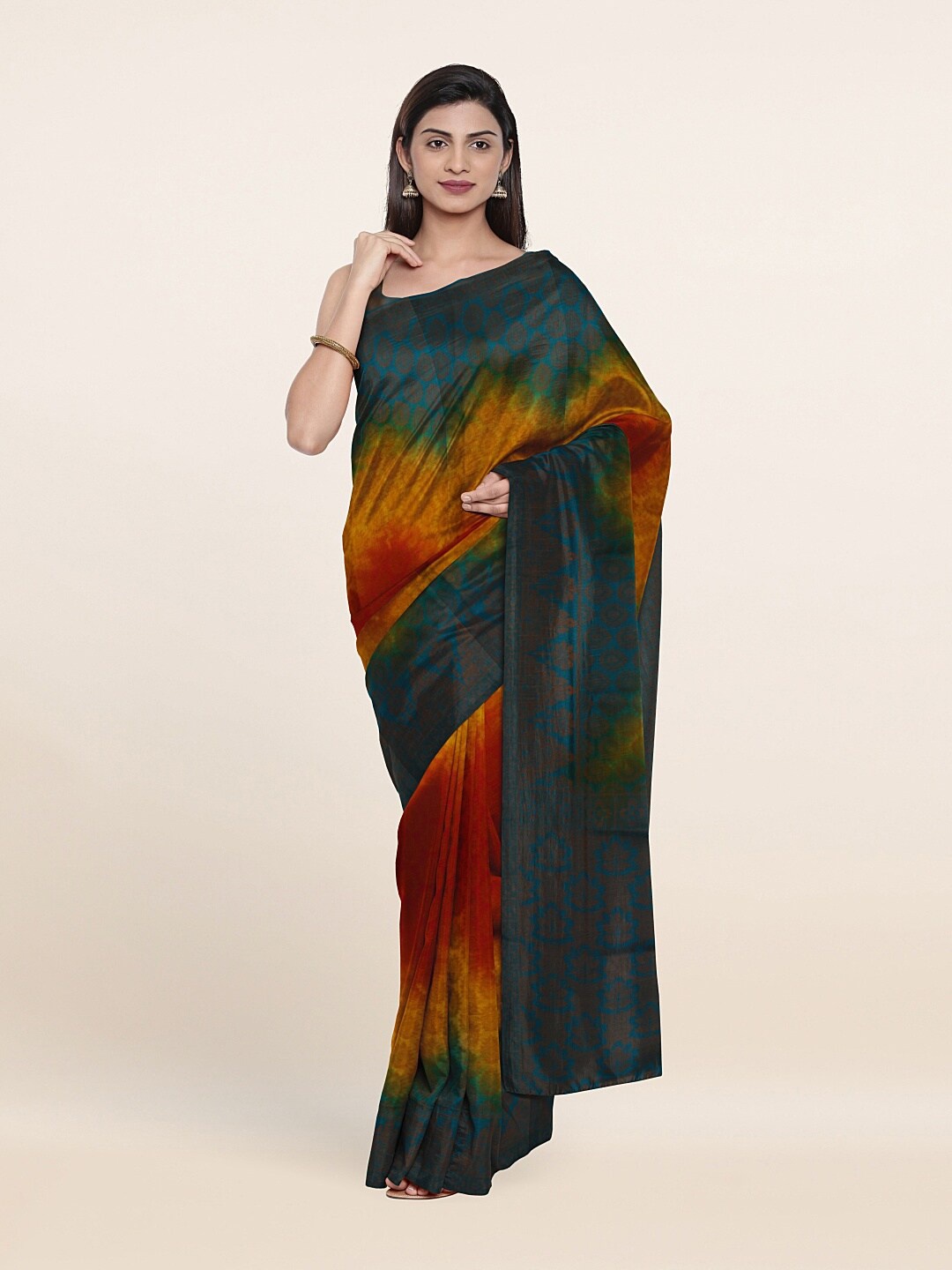 

Pothys Blue & Gold-Toned Tie and Dye Woven Design Art Silk Saree