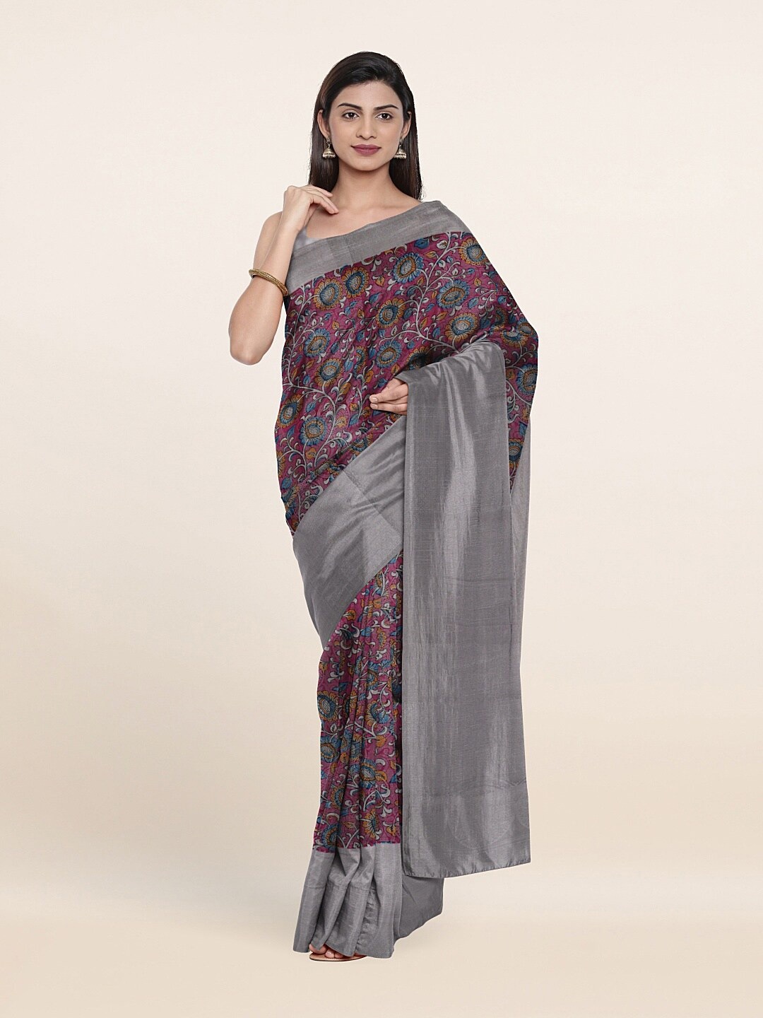 

Pothys Pink & Grey Floral Printed Jute Silk Saree