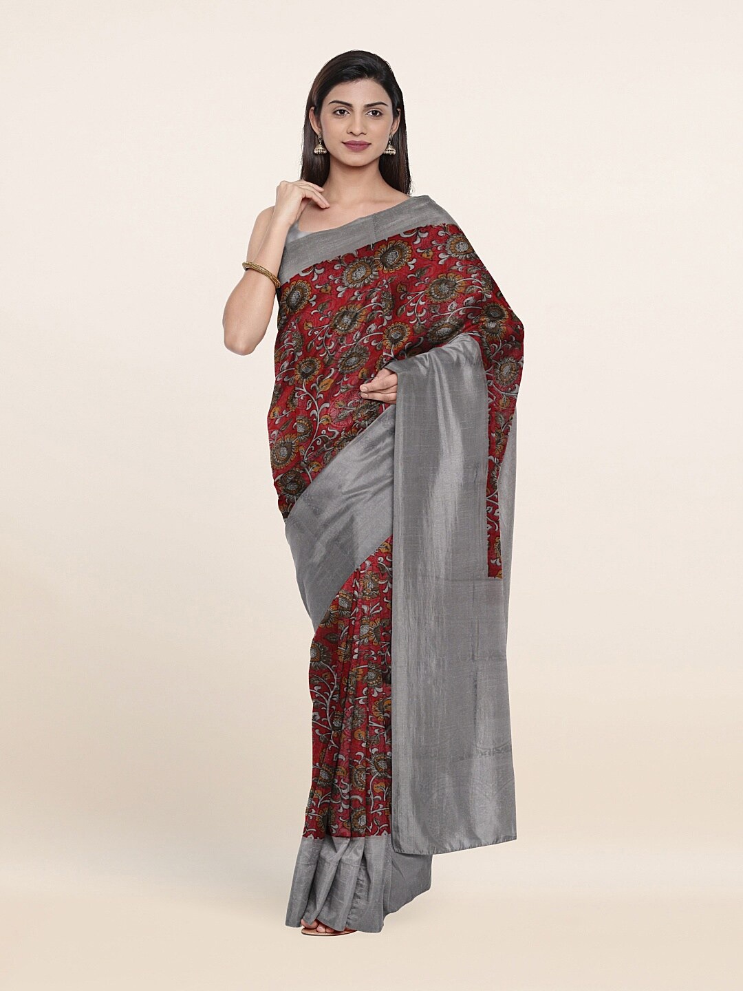 

Pothys Red & Silver-Toned Woven Design Zari Jute Silk Saree