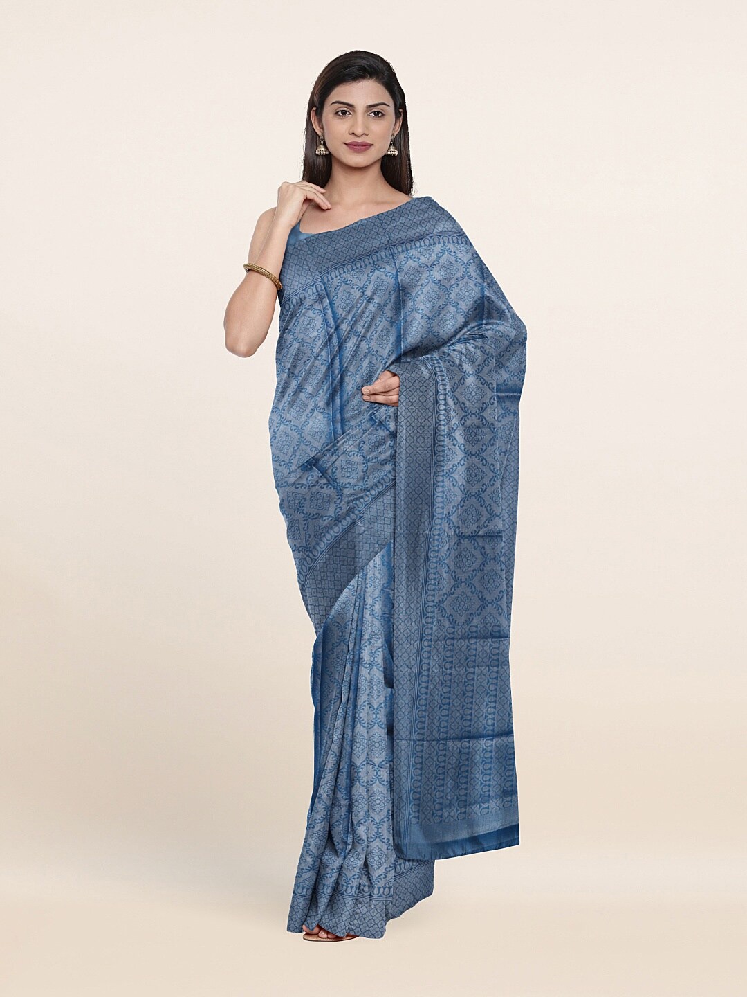 

Pothys Blue & Silver-Toned Woven Design Zari Art Silk Saree